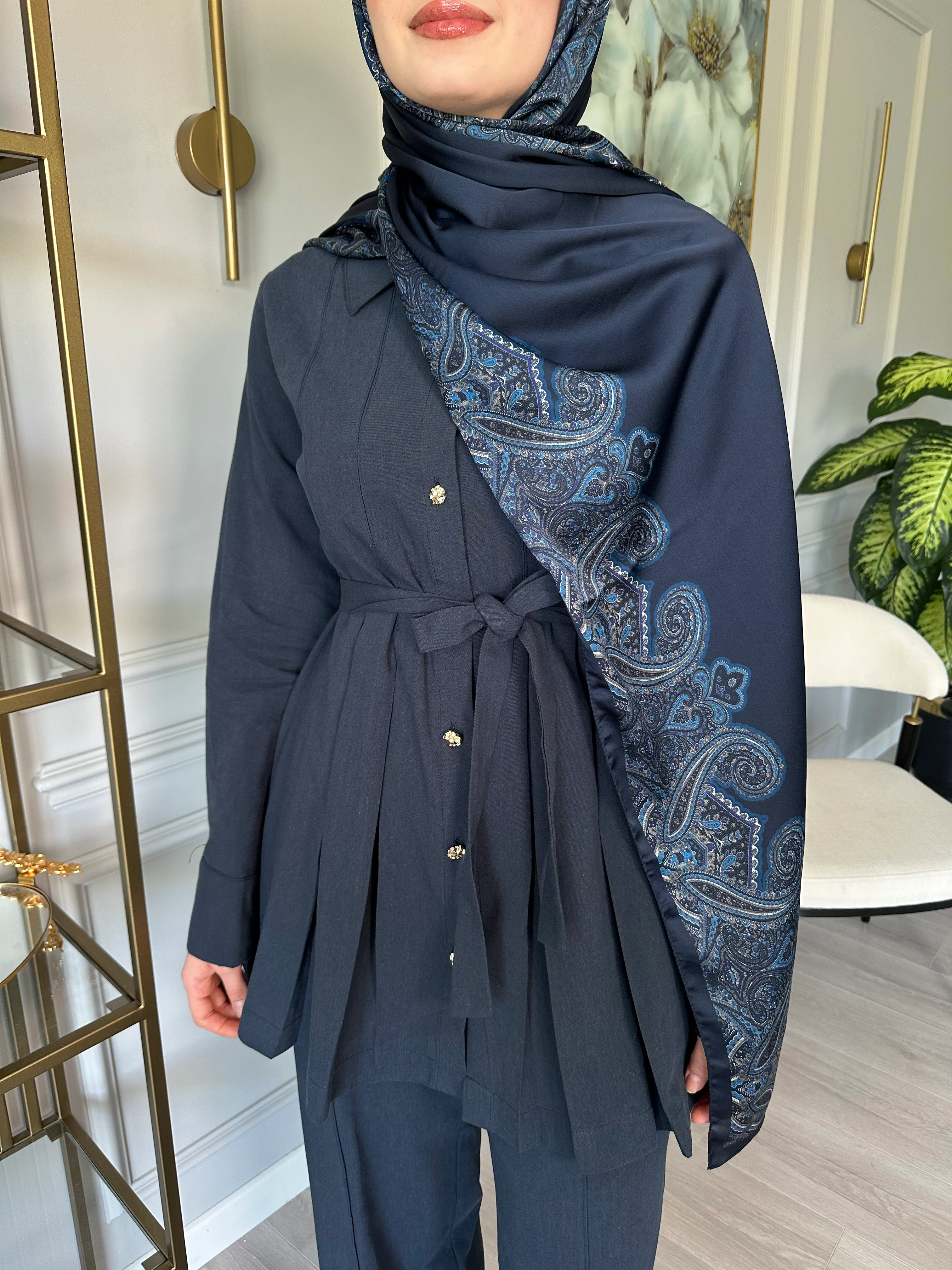 Keten Pileli Takım – Düğmeli Tunikli, Beli Kemerli