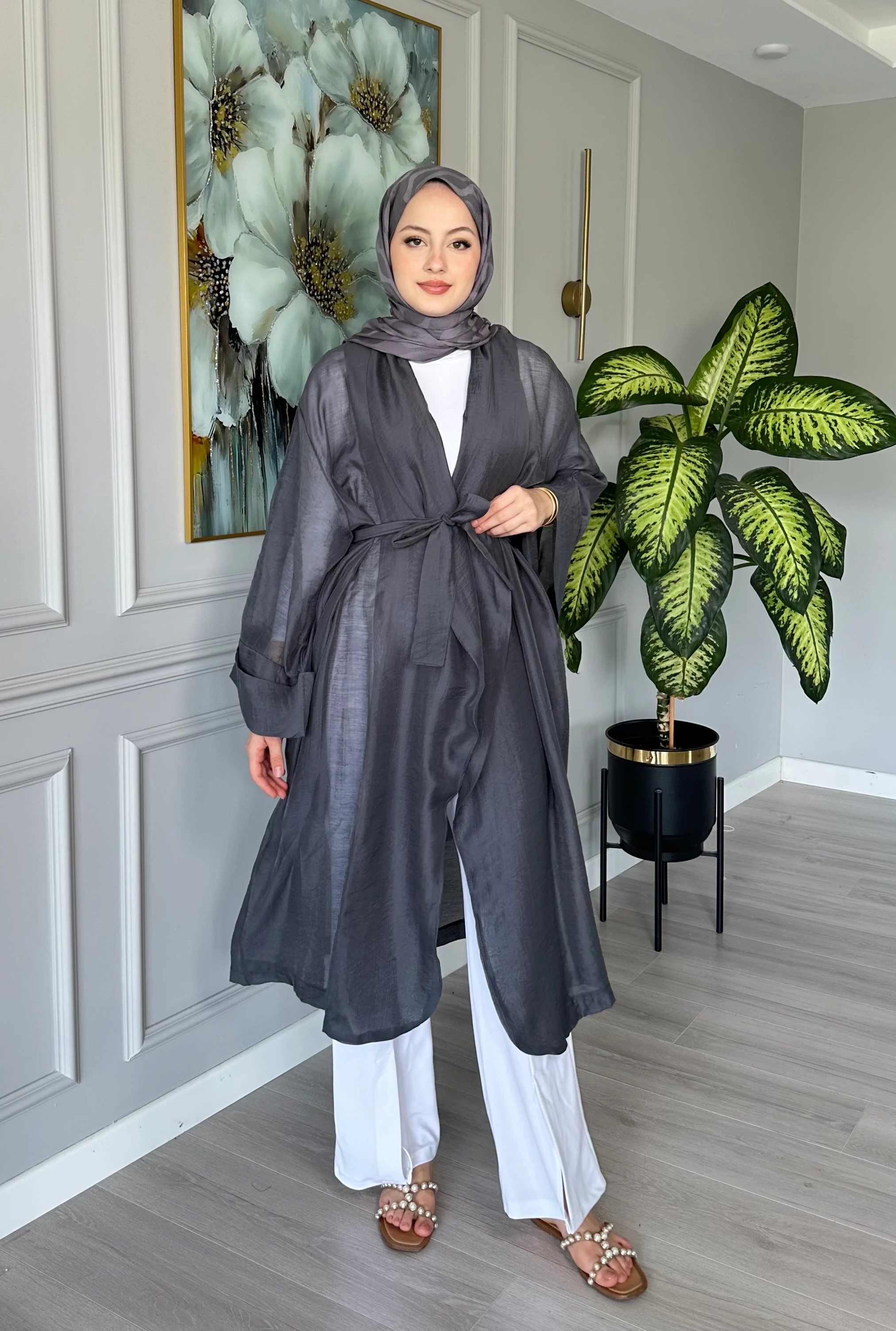 Seyyar Kemerli Pamuk Vual Kimono