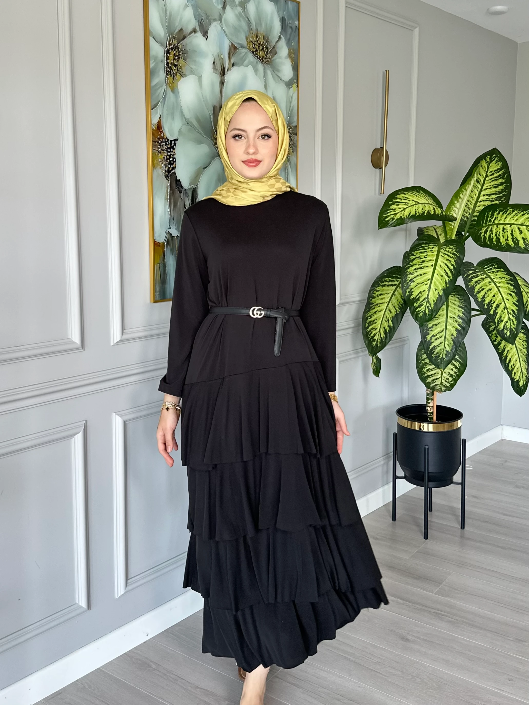 Seyyar Kemerli Oysho Kumaş Katlı Elbise - Siyah