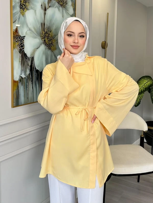 Yaka Detaylı Salaş Tunik - Sarı