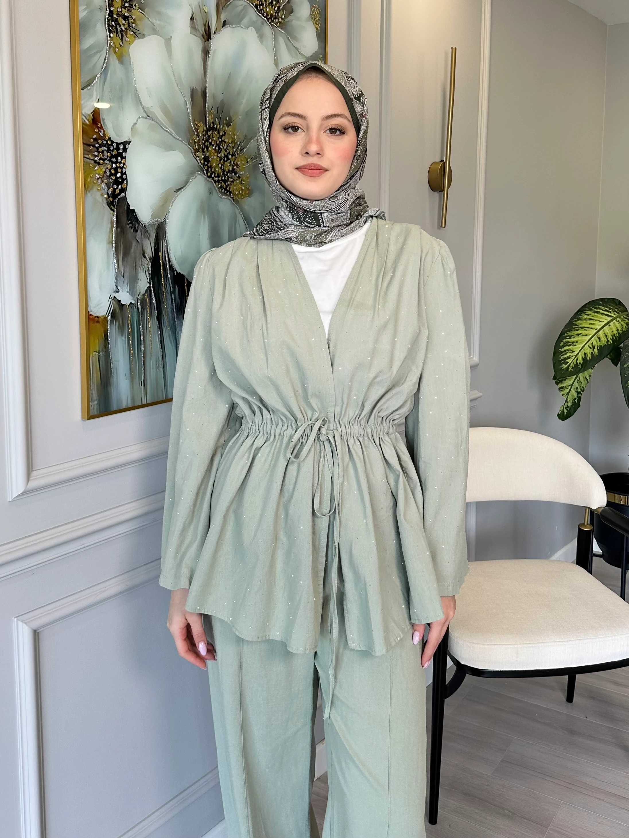 Taş Detaylı Keten Tunik Pantolon Takım