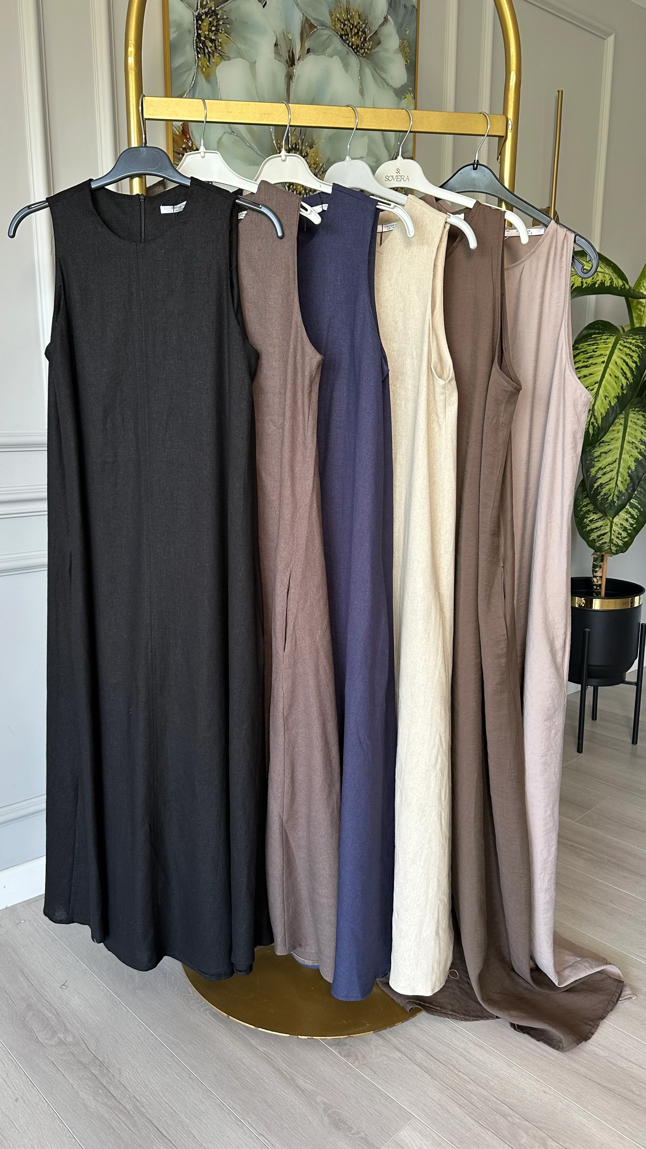 Keten Kolsuz Elbise - Siyah