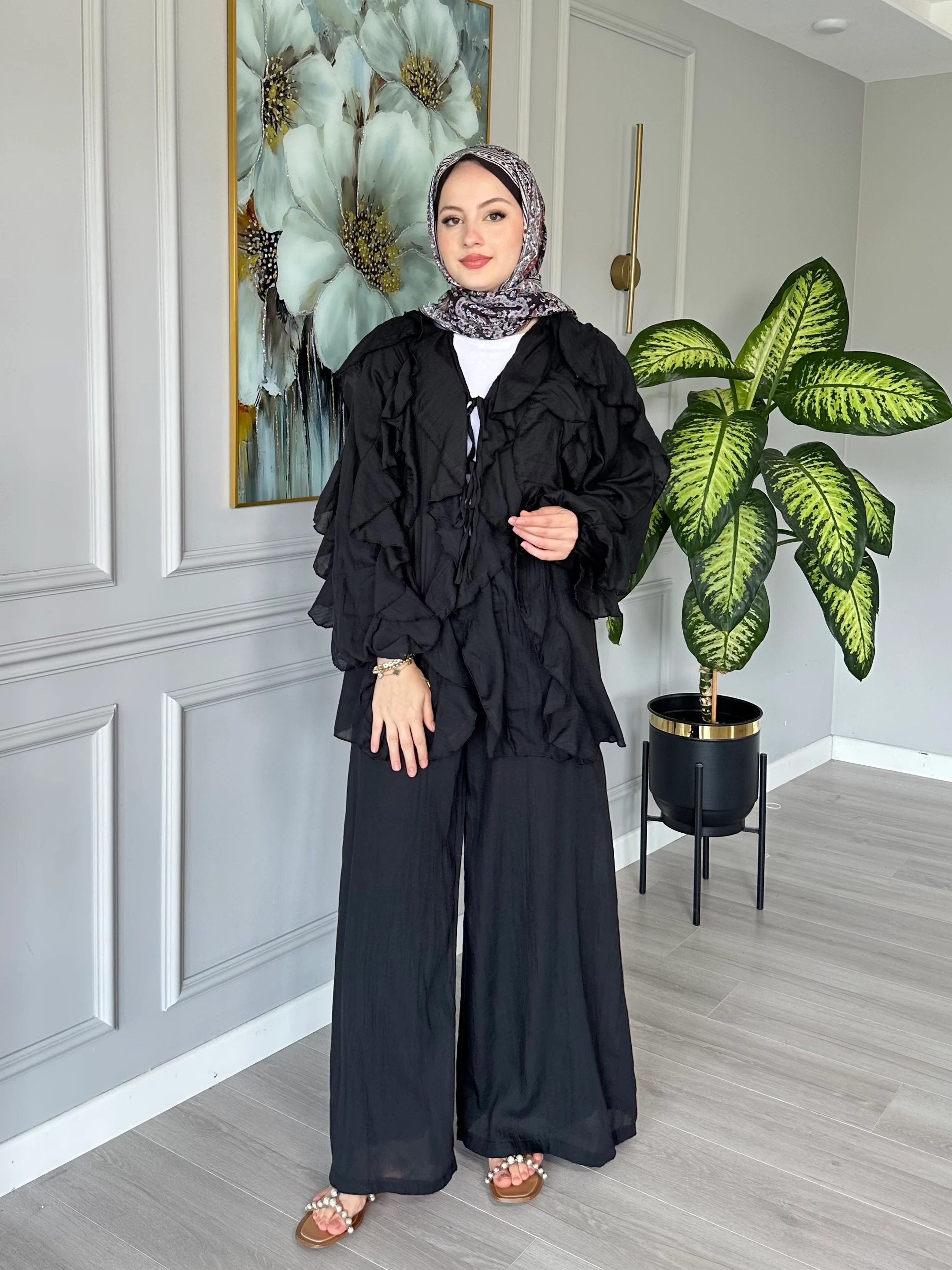 Pamuk Vual Fırfırlı Takım Siyah