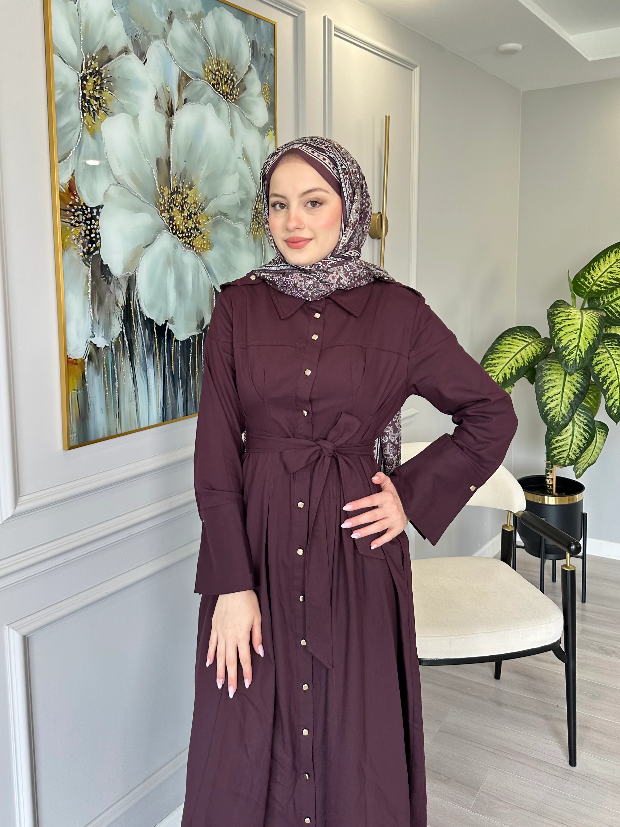 Esnek Pamuk Keten Apoletli Gold Düğmeli Kemerli Elbise