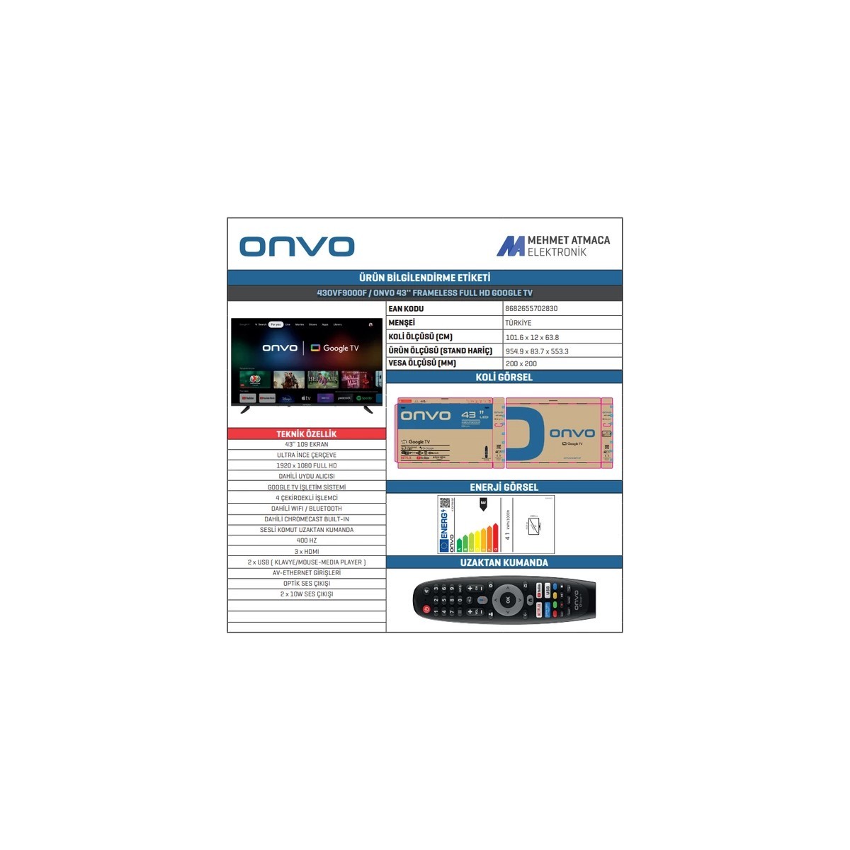 Onvo 43OVF9000F 43 inç 109 Ekran Full HD Android LED TV