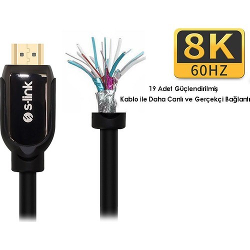 S-Link Sl-H8K01 Hdmı 1.5M 8K 60Hz 4K 120Hz Ultra  Hdr 2.1V 7680P Metal Kılıflı Kablo - Siyah