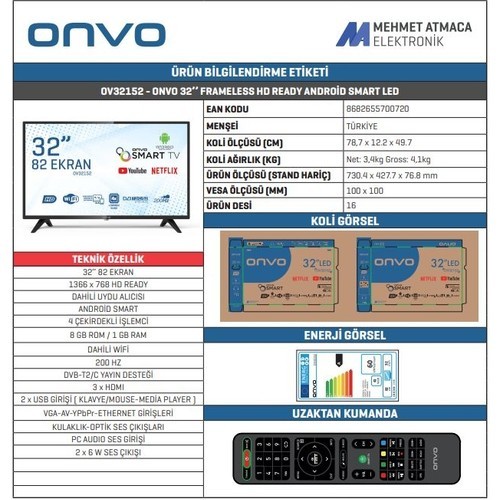 Onvo OV32152 32" 82 Ekran Uydu Alıcılı HD Android Led Tv