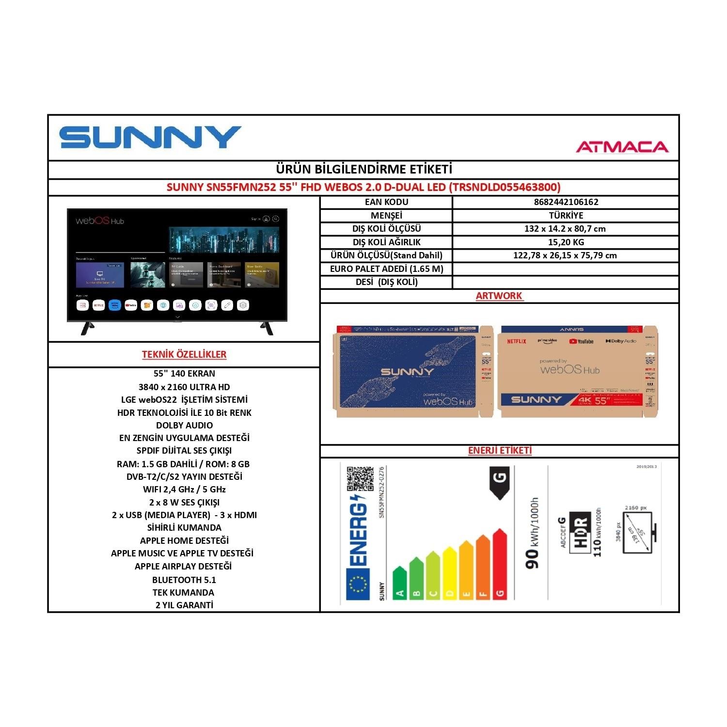 Sunny SN55FMN252 55" 139 Ekran Uydu Alıcılı 4K Ultra HD webOS Smart Led Tv