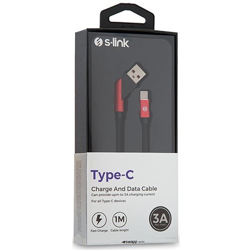 S-Link Swapp Sw-C770 3A Type-C Çapraz Uçlu Şarj K ablosu 1M - Siyah/Kırmızı