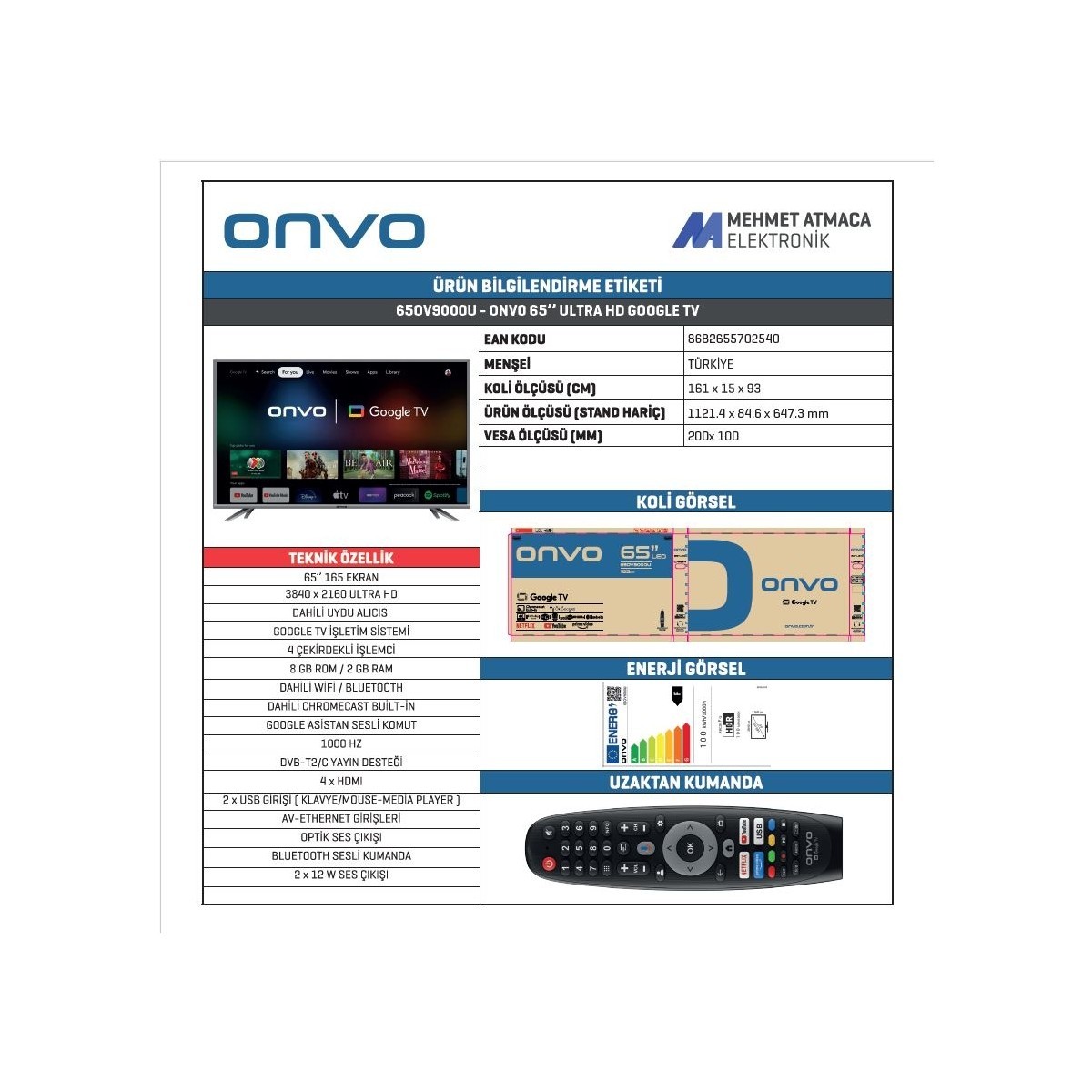 Onvo 65OV9000U 4K Ultra HD 65" 165 Ekran Uydu Alıcılı Google Smart LED TV