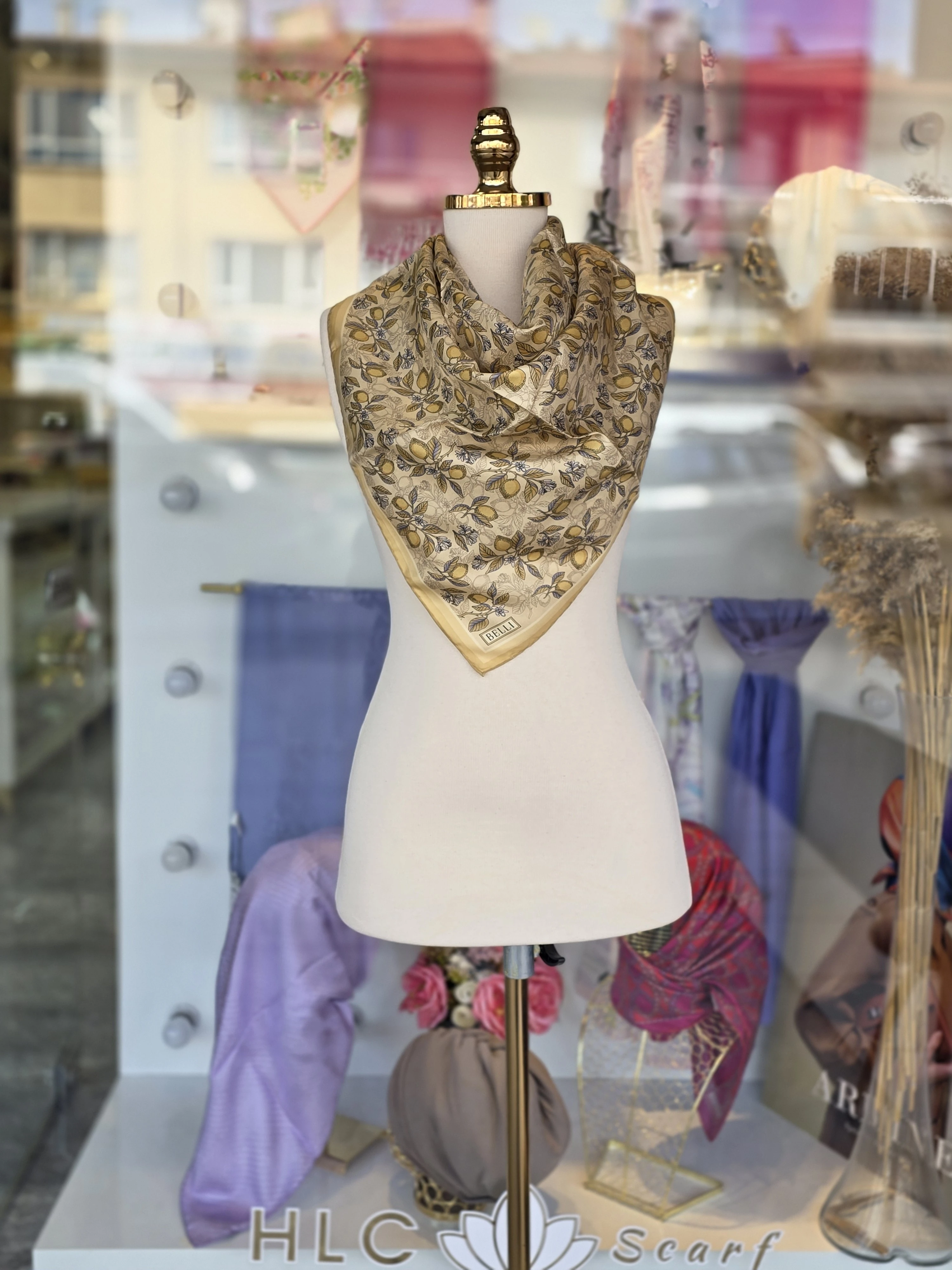 Limon Desen %100 Twill İpek Eşarp - HARDAL