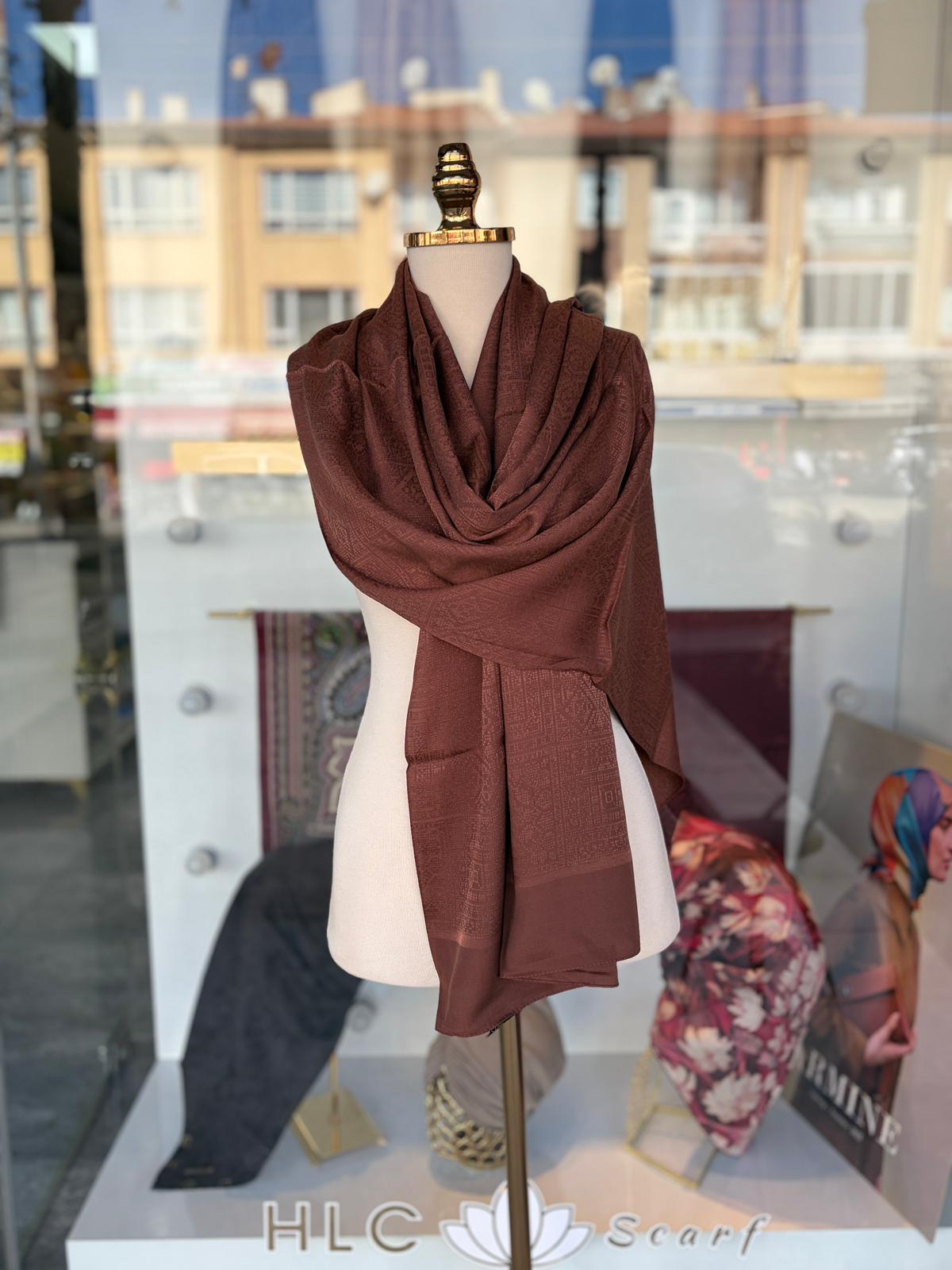 Kendinden Desenli Jakarlı Pamuk Şal - ÇİKOLATA