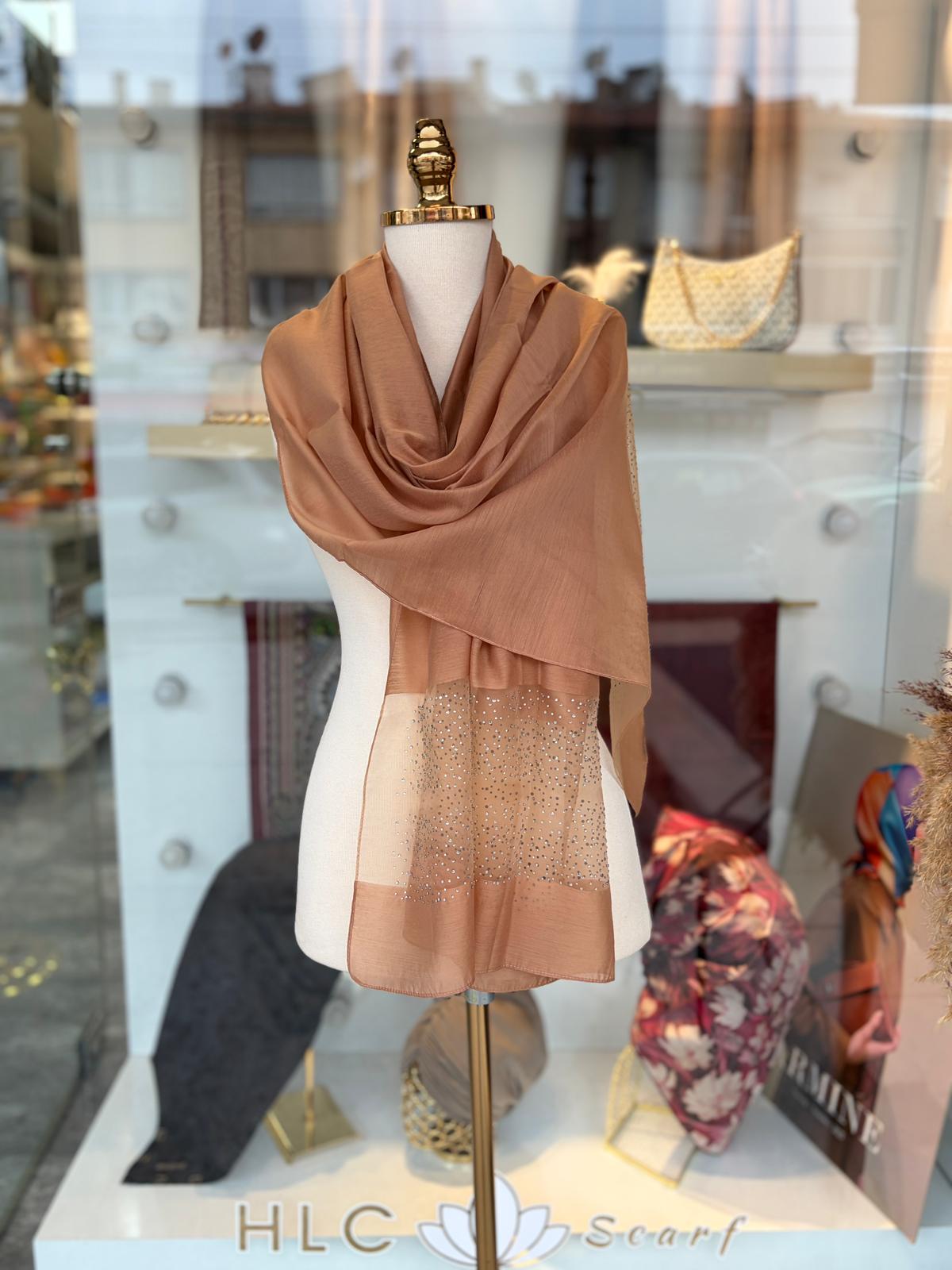 İpekli Taşlı Tül Şal - CAMEL