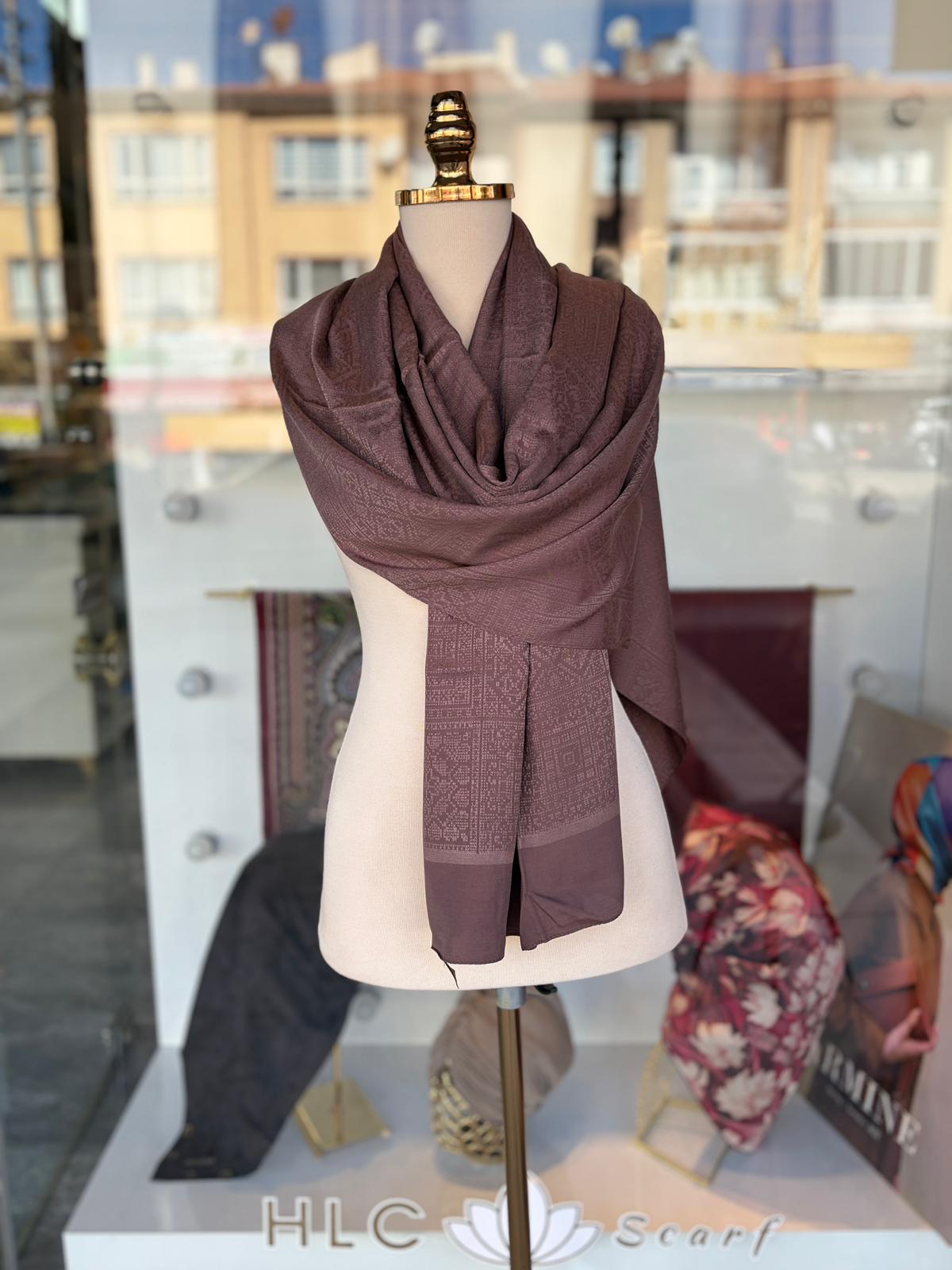 Kendinden Desenli Jakarlı Pamuk Şal - KAHVE