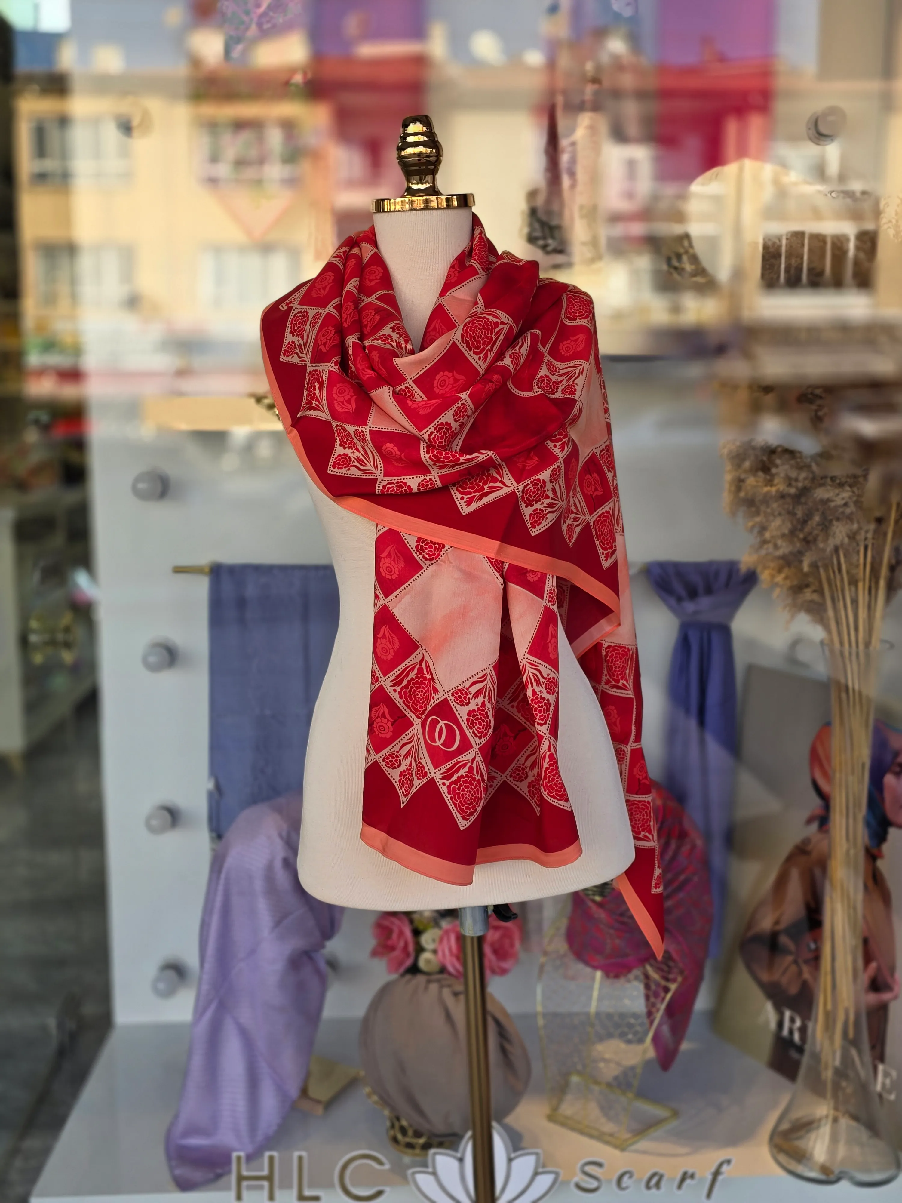 KARANFİL KUTUSU FLOŞ VİSKON ŞAL - NAR ÇİÇEĞİ