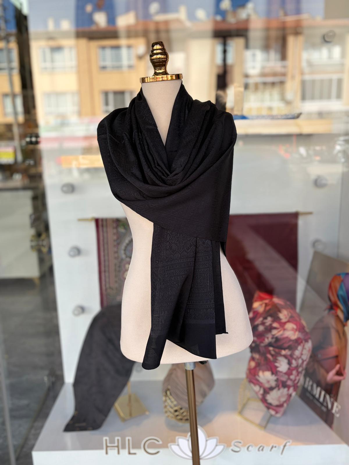 Kendinden Desenli Jakarlı Pamuk Şal - SİYAH