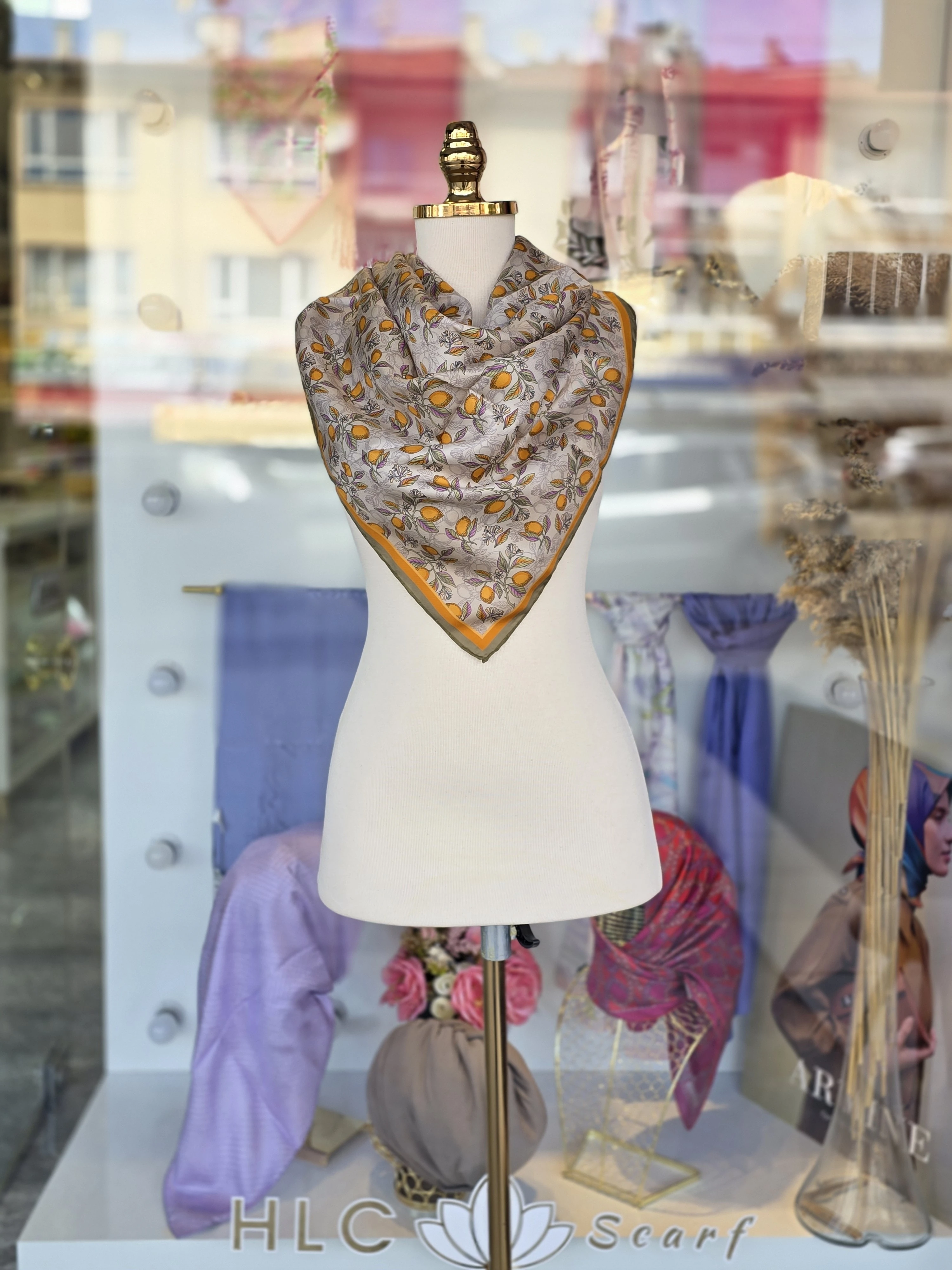 Limon Desen %100 Twill İpek Eşarp - HAKİ