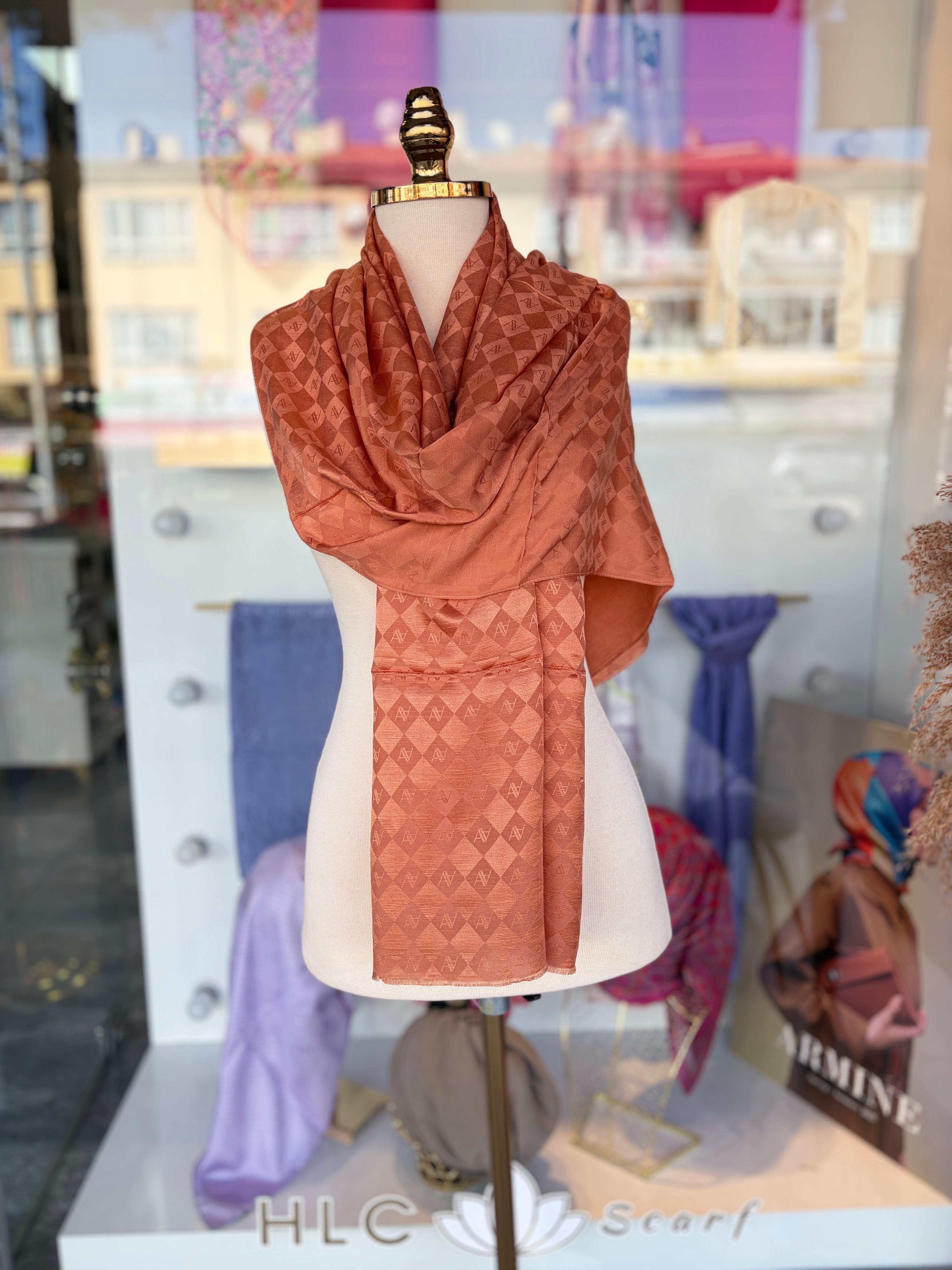 ELEGANCE İPEK PAMUK MONOGRAM ŞAL - TURUNCU