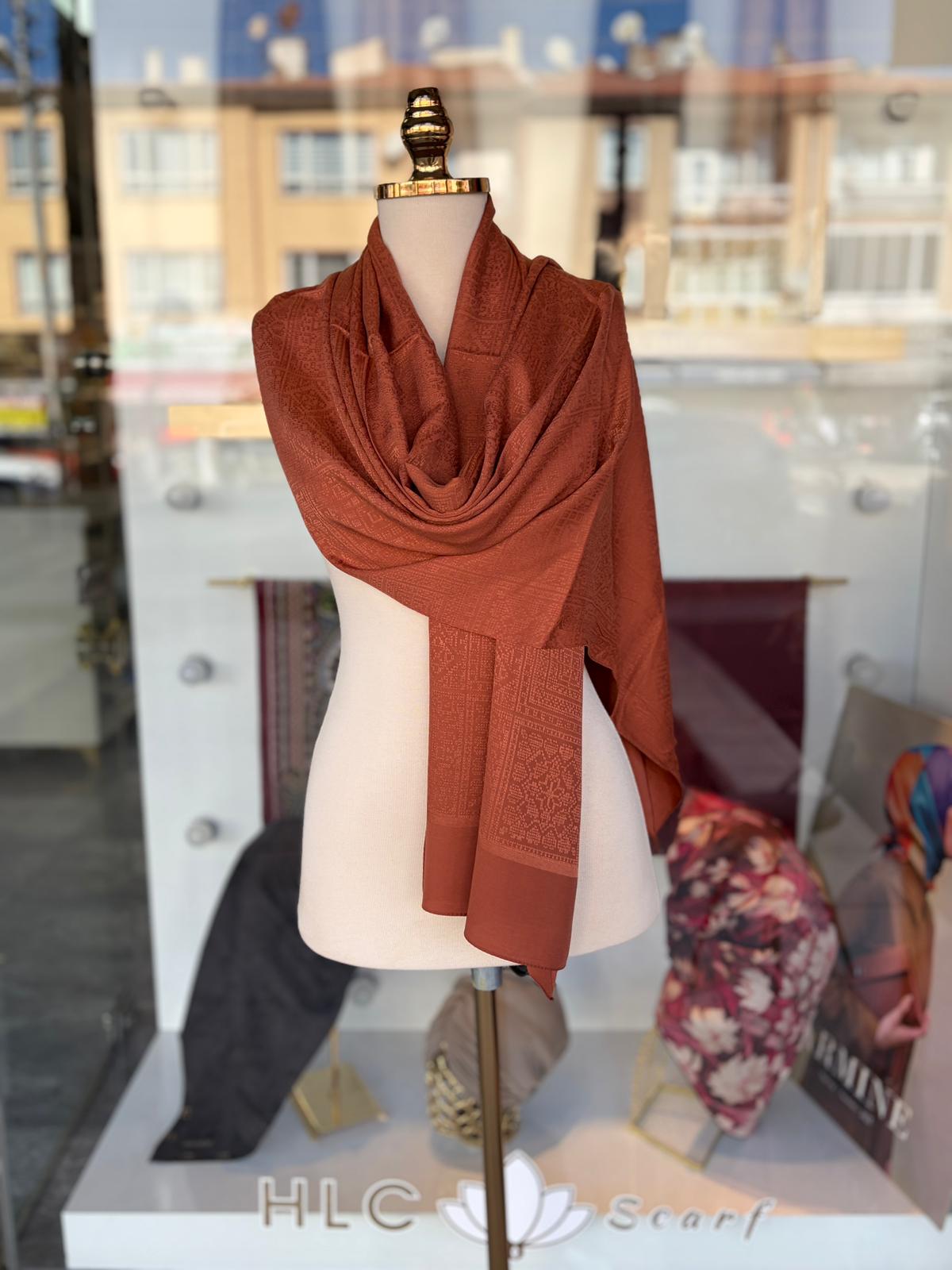 Kendinden Desenli Jakarlı Pamuk Şal - KİREMİT