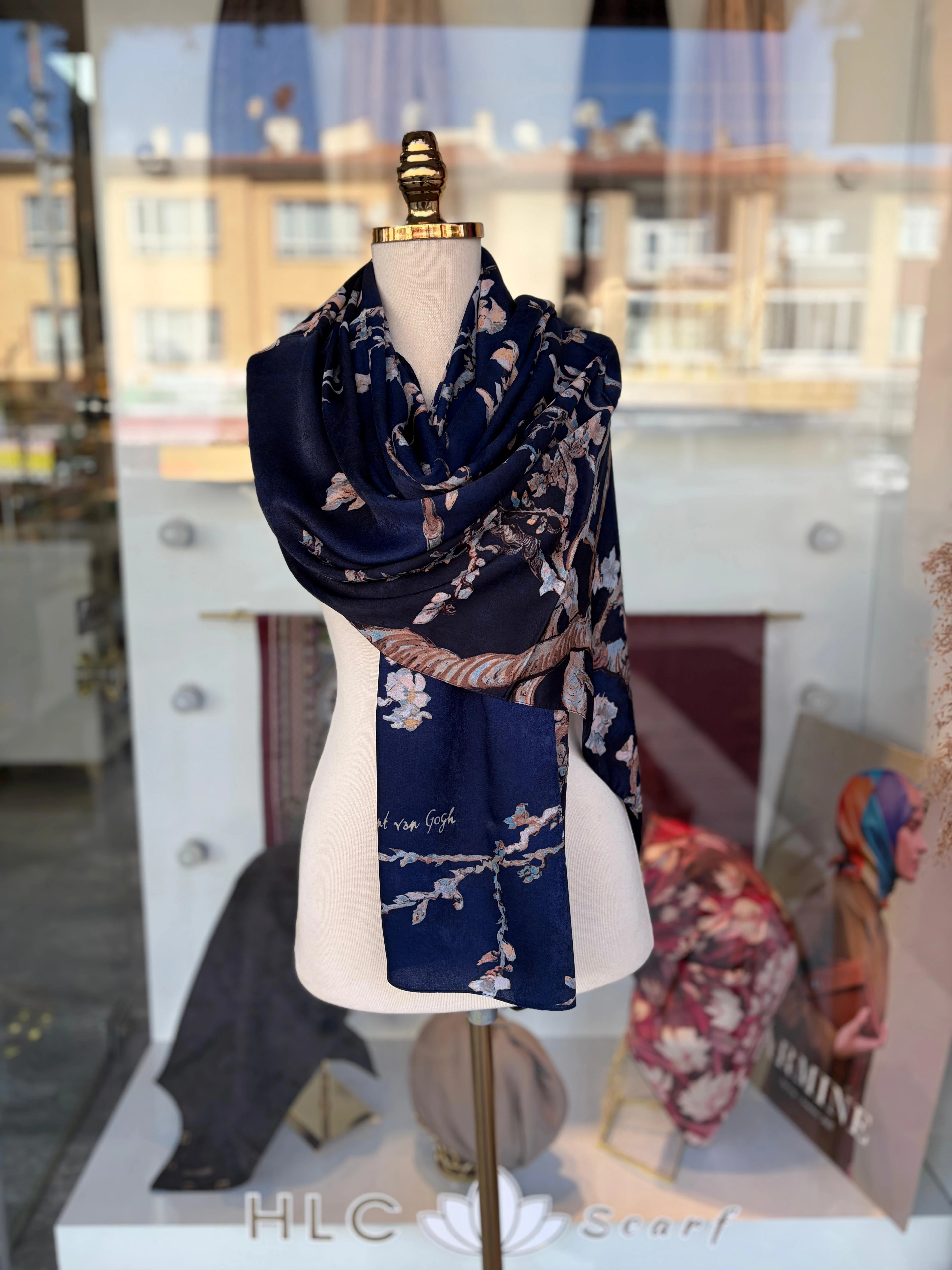VANGOGH DESEN PREMİUM İPEK ŞAL - LACİVERT