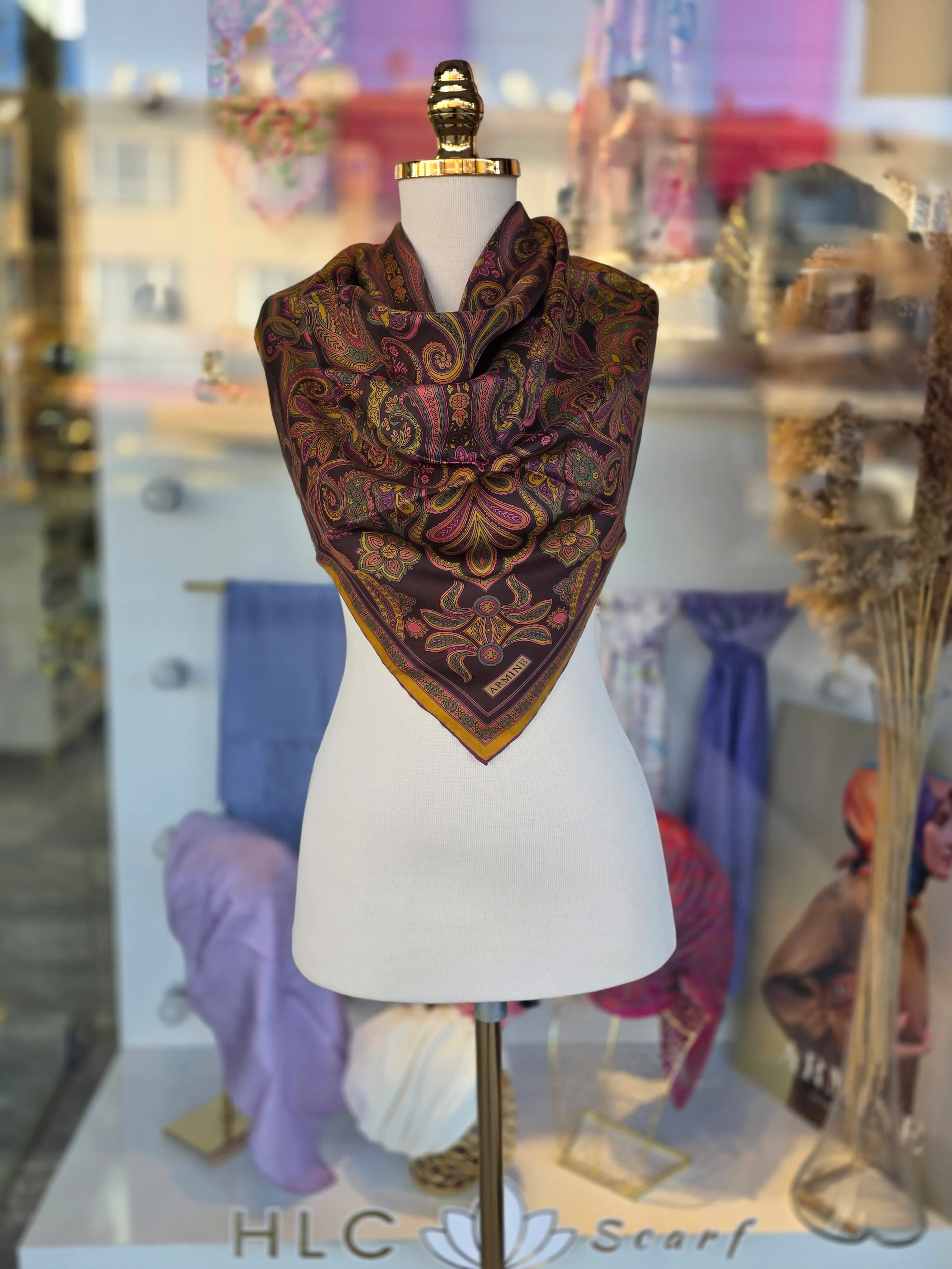 ETNİK DESEN TWİLL İPEK EŞARP - ACI KAHVE