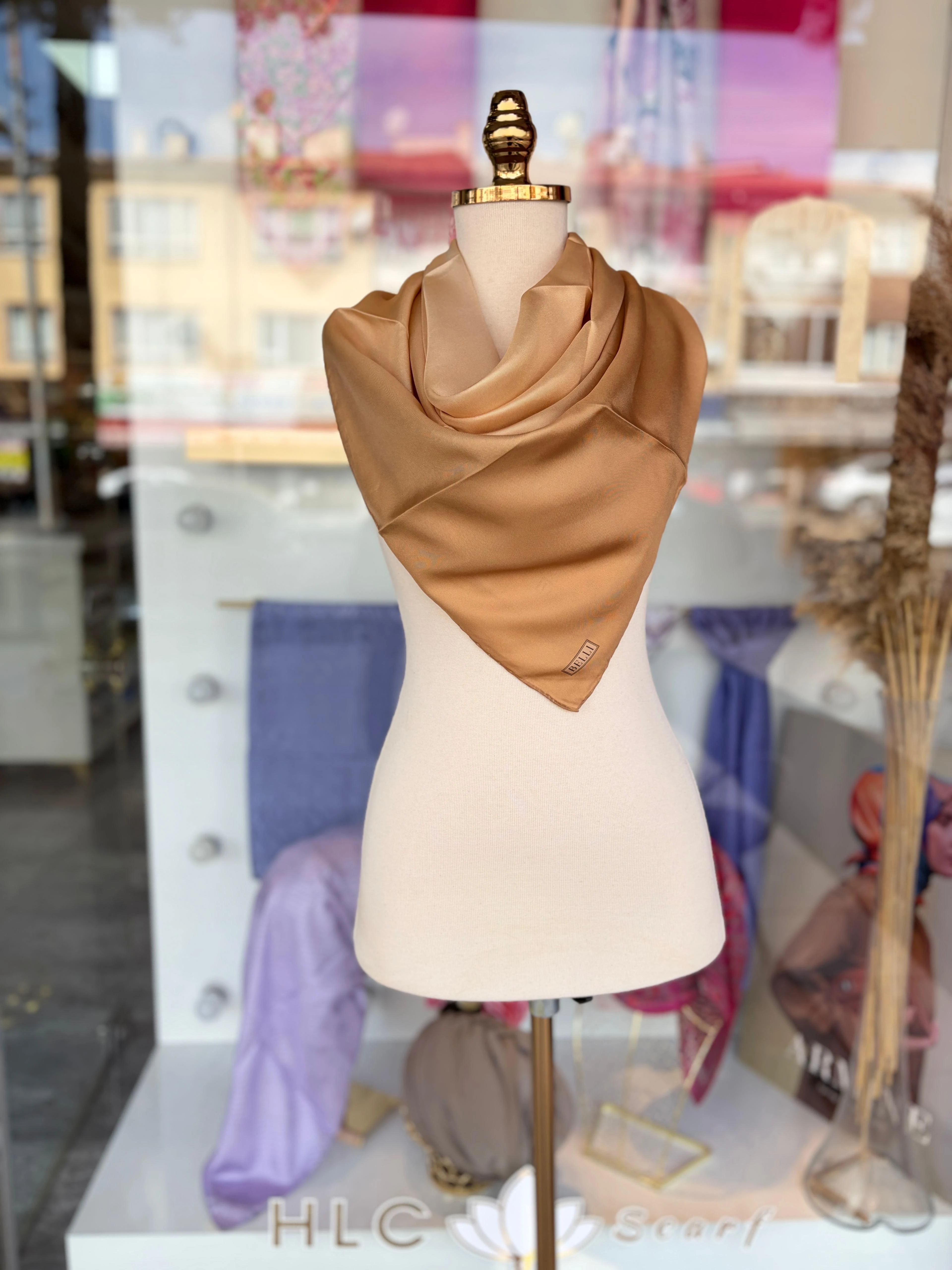 Degrade Desen %100 Twill İpek Eşarp - BEJ