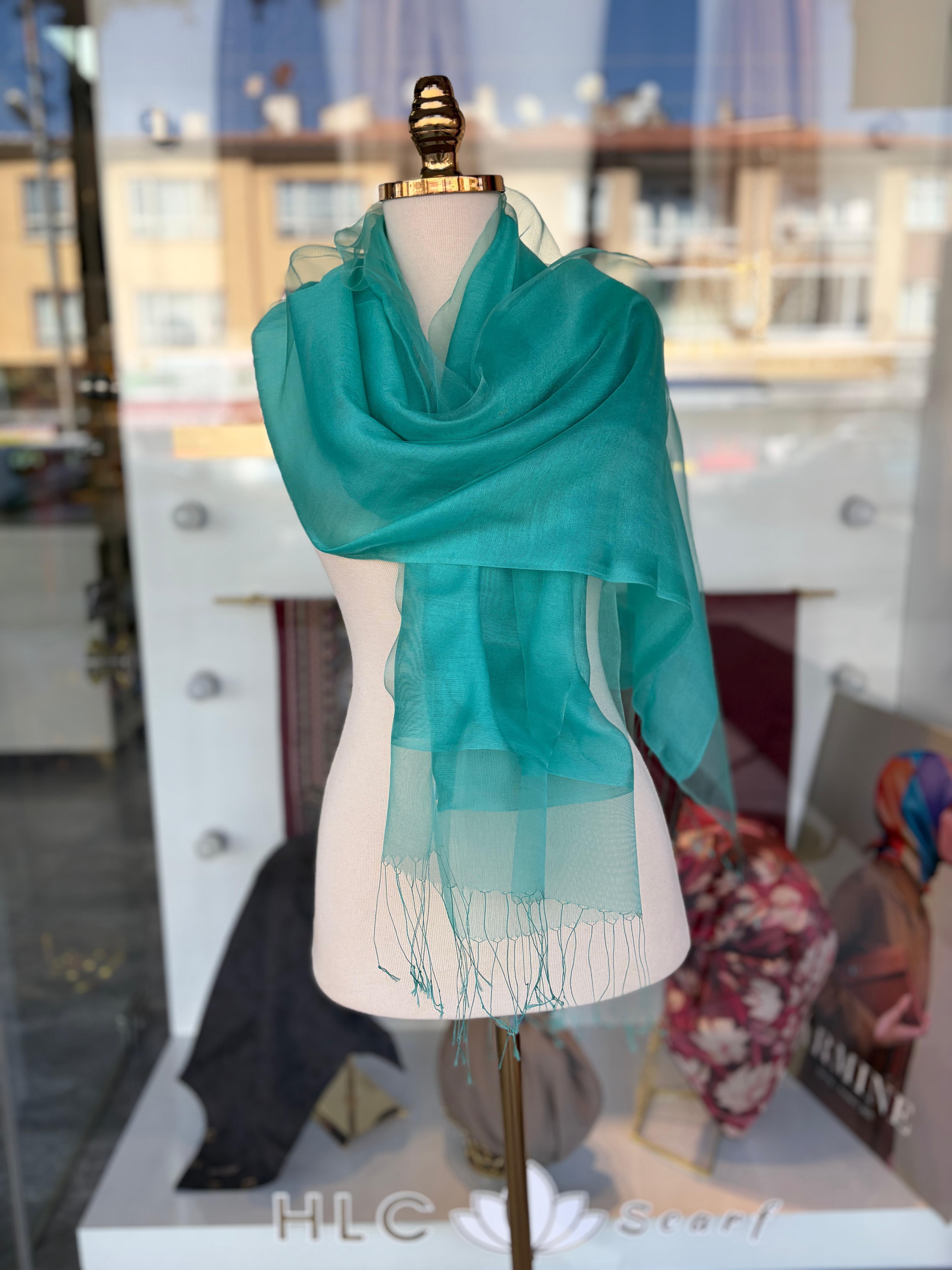 ÇİFT KATLI %30 İPEK TÜLLÜ ŞAL - MİNT