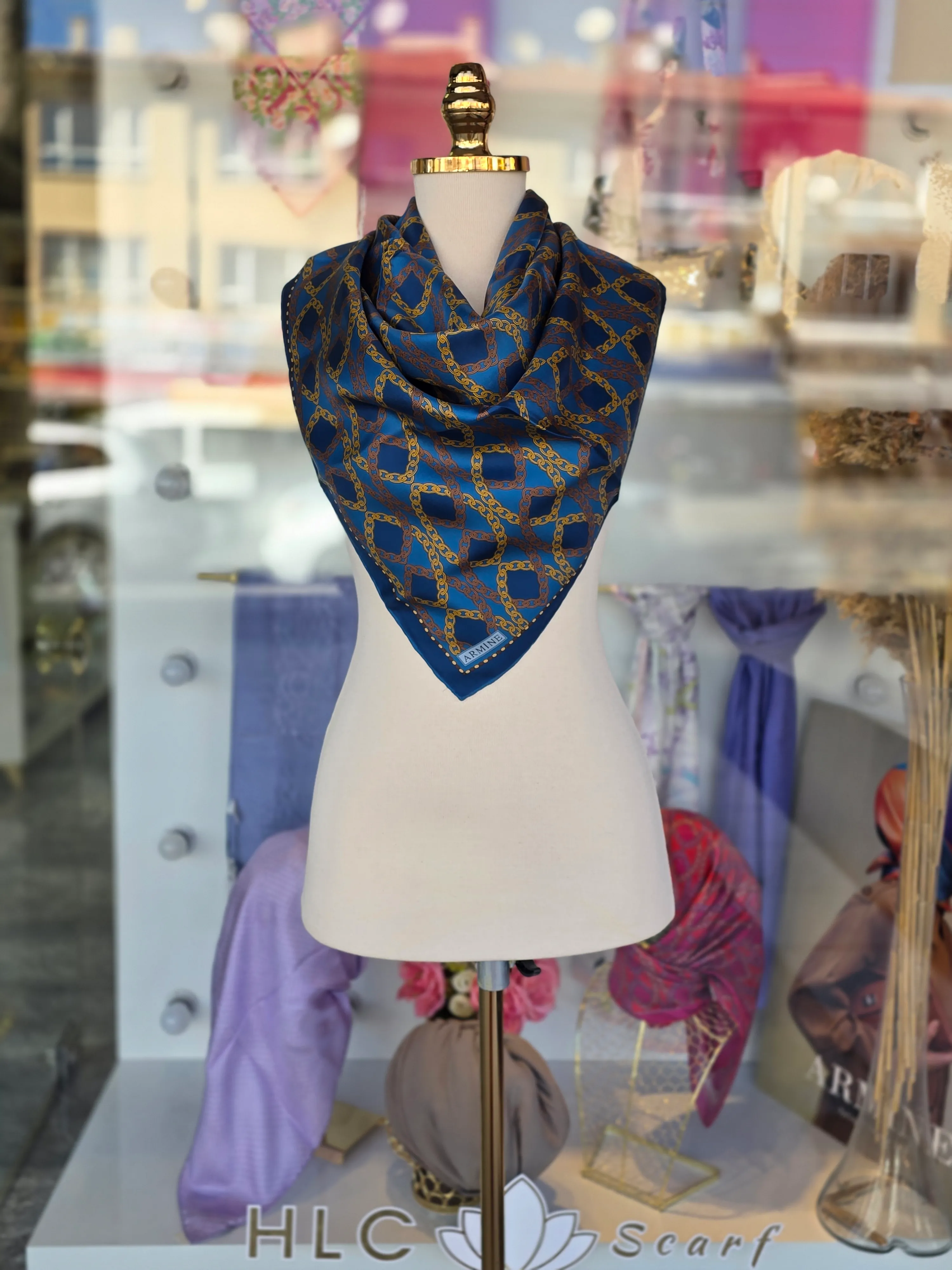 KLASİK DESEN TWİLL İPEK EŞARP - İNDİGO