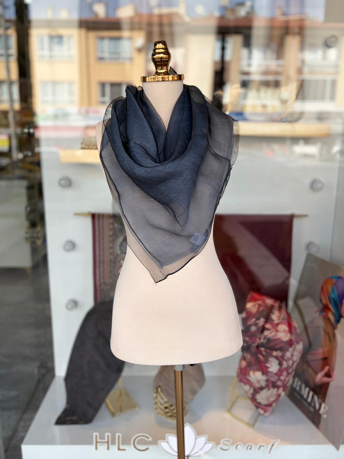 %30 İpek Çift Katlı Tüllü Eşarp - SİYAH KOT MAVİSİ