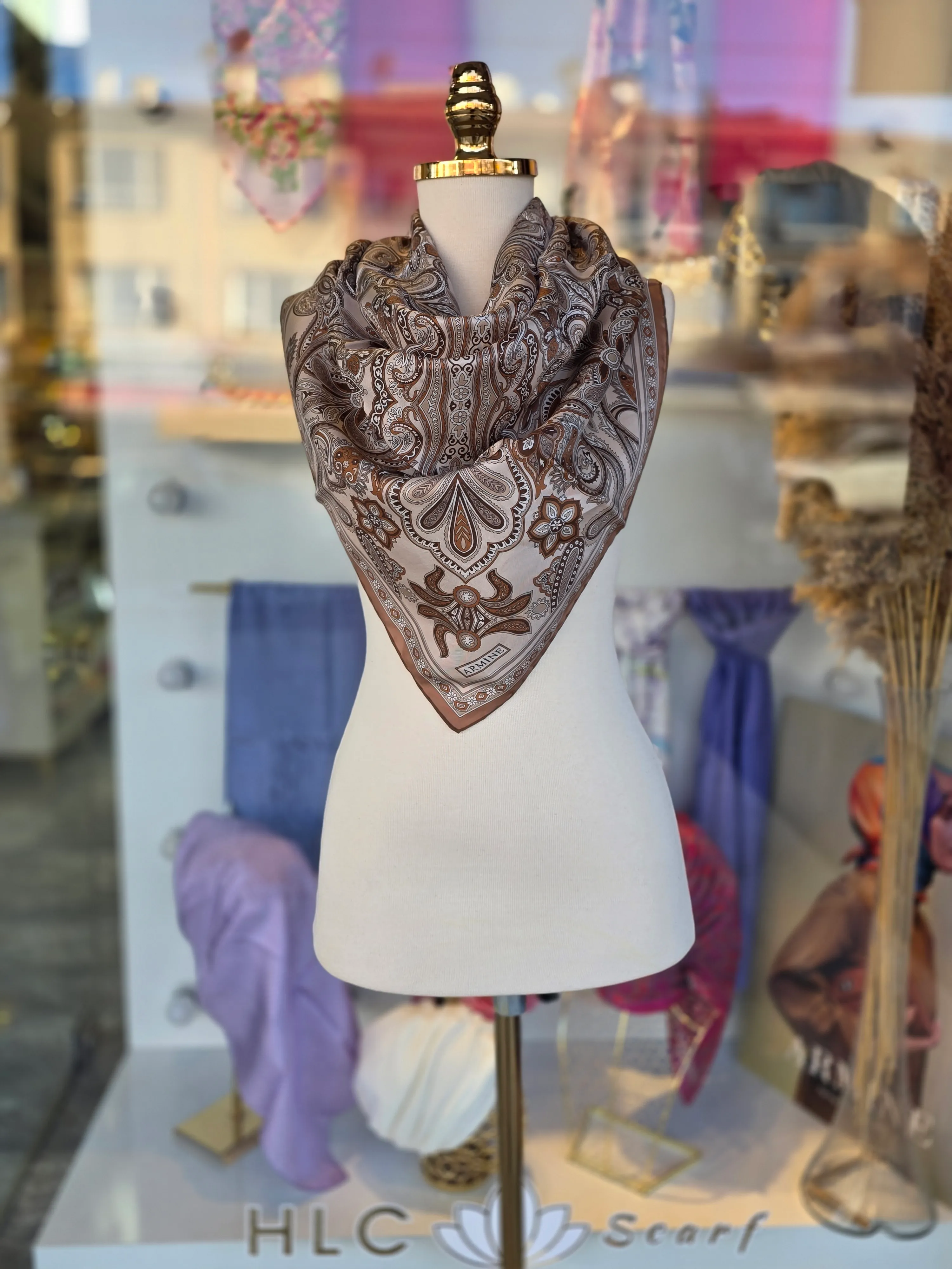 ETNİK DESEN TWİLL İPEK EŞARP - BEJ