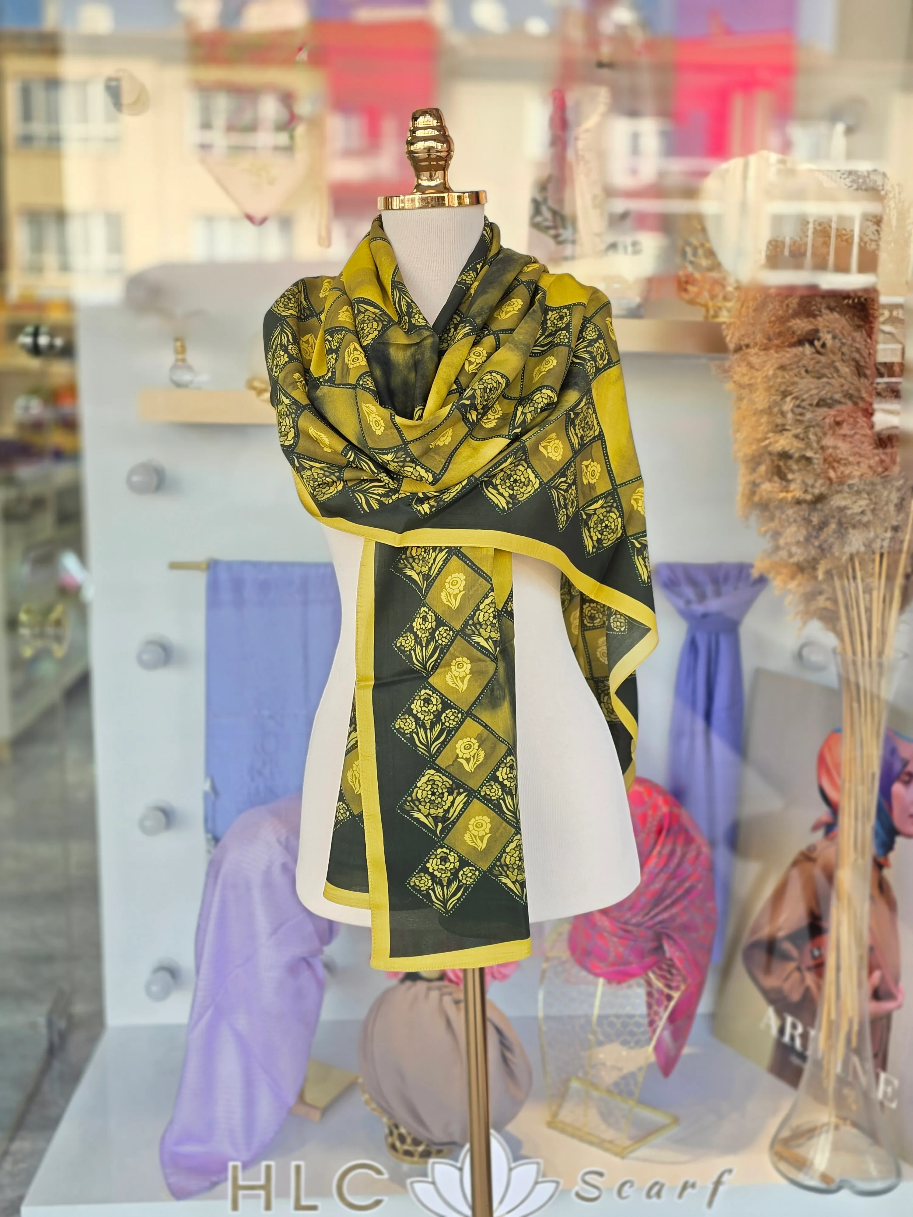 KARANFİL KUTUSU FLOŞ VİSKON ŞAL - YAĞ YEŞİLİ