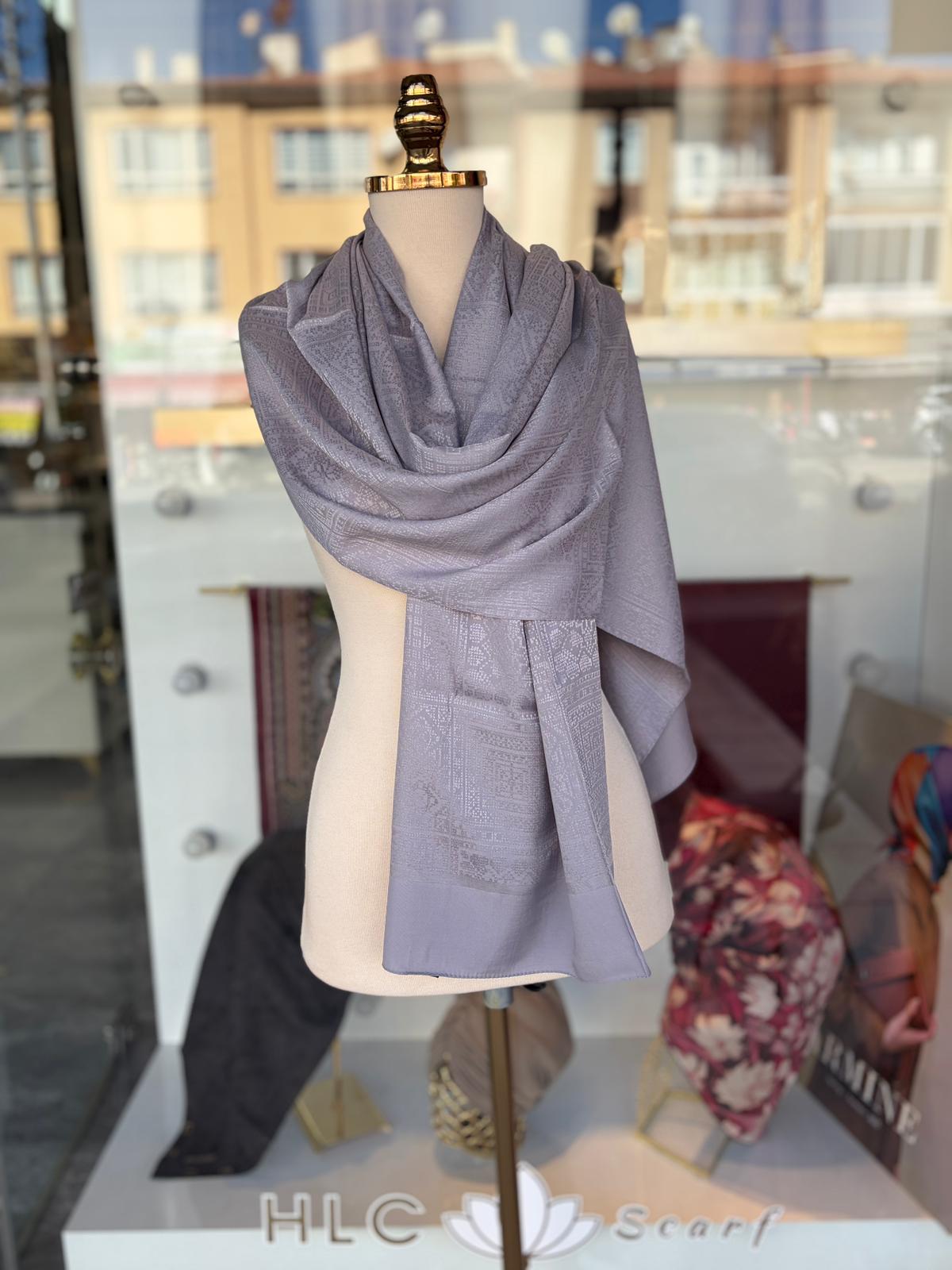 Kendinden Desenli Jakarlı Pamuk Şal - GRİ