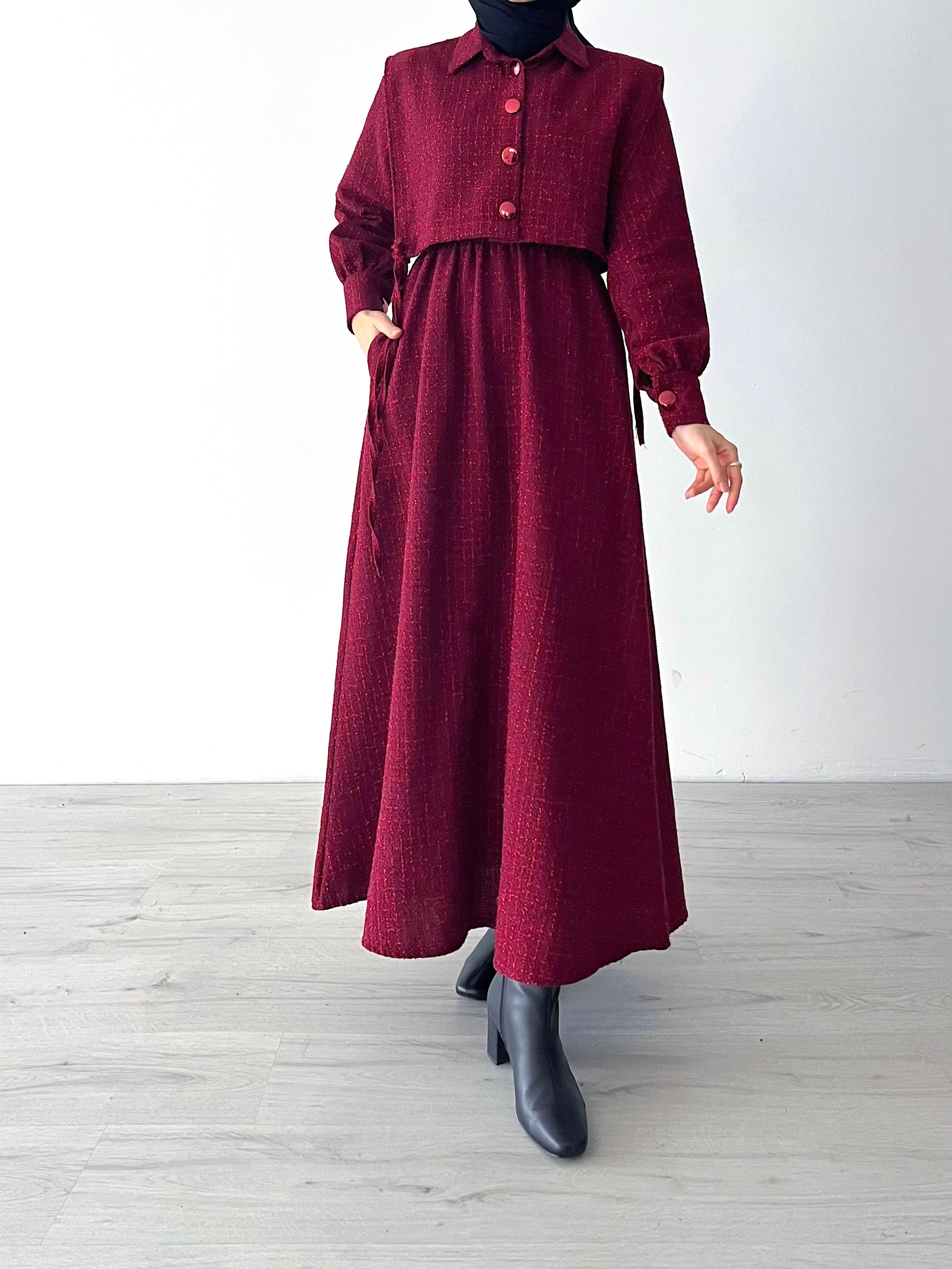 YELEKLİ SİMLİ TÜVİT ELBİSE - BORDO