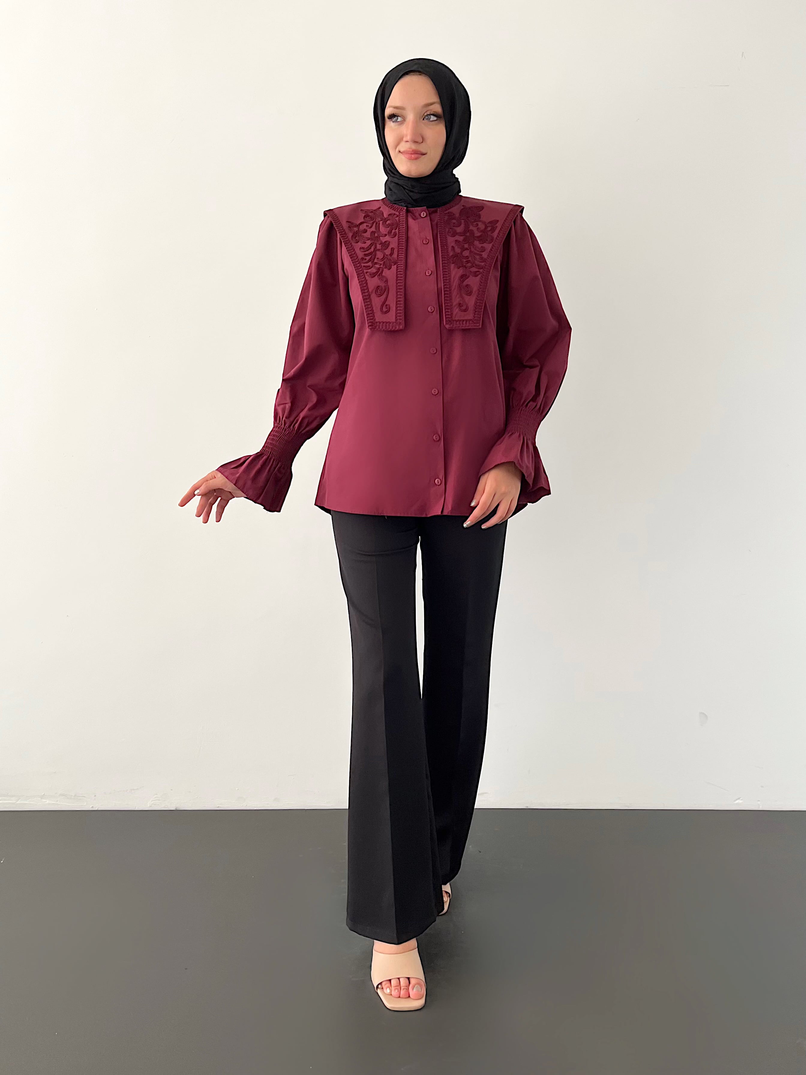 LADY İŞLEMELİ GÖMLEK - BORDO