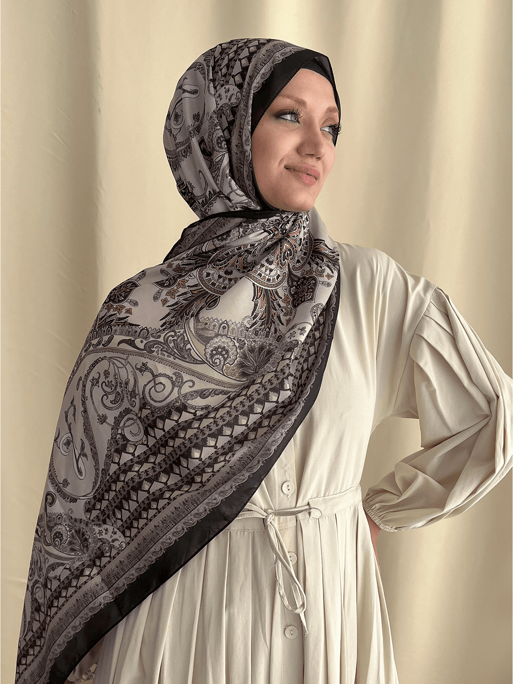 MELY DESENLİ ŞAL - SİYAH - KREM