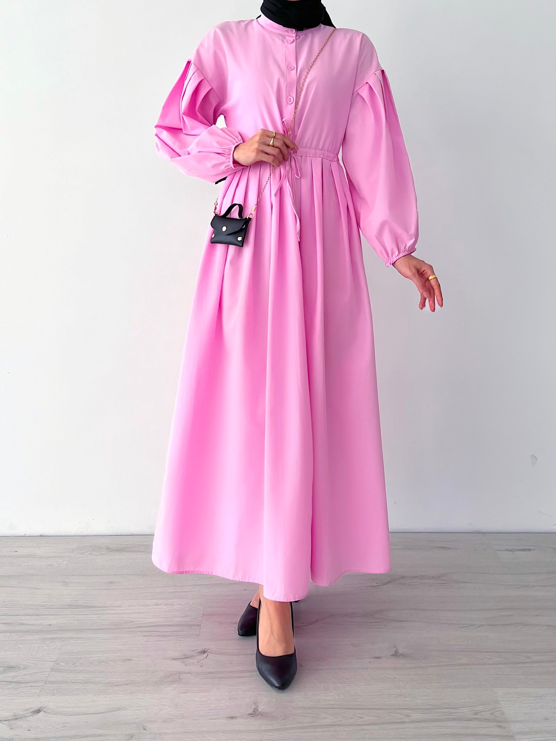ASYA BOYDAN DÜĞMELİ ELBİSE - Pembe