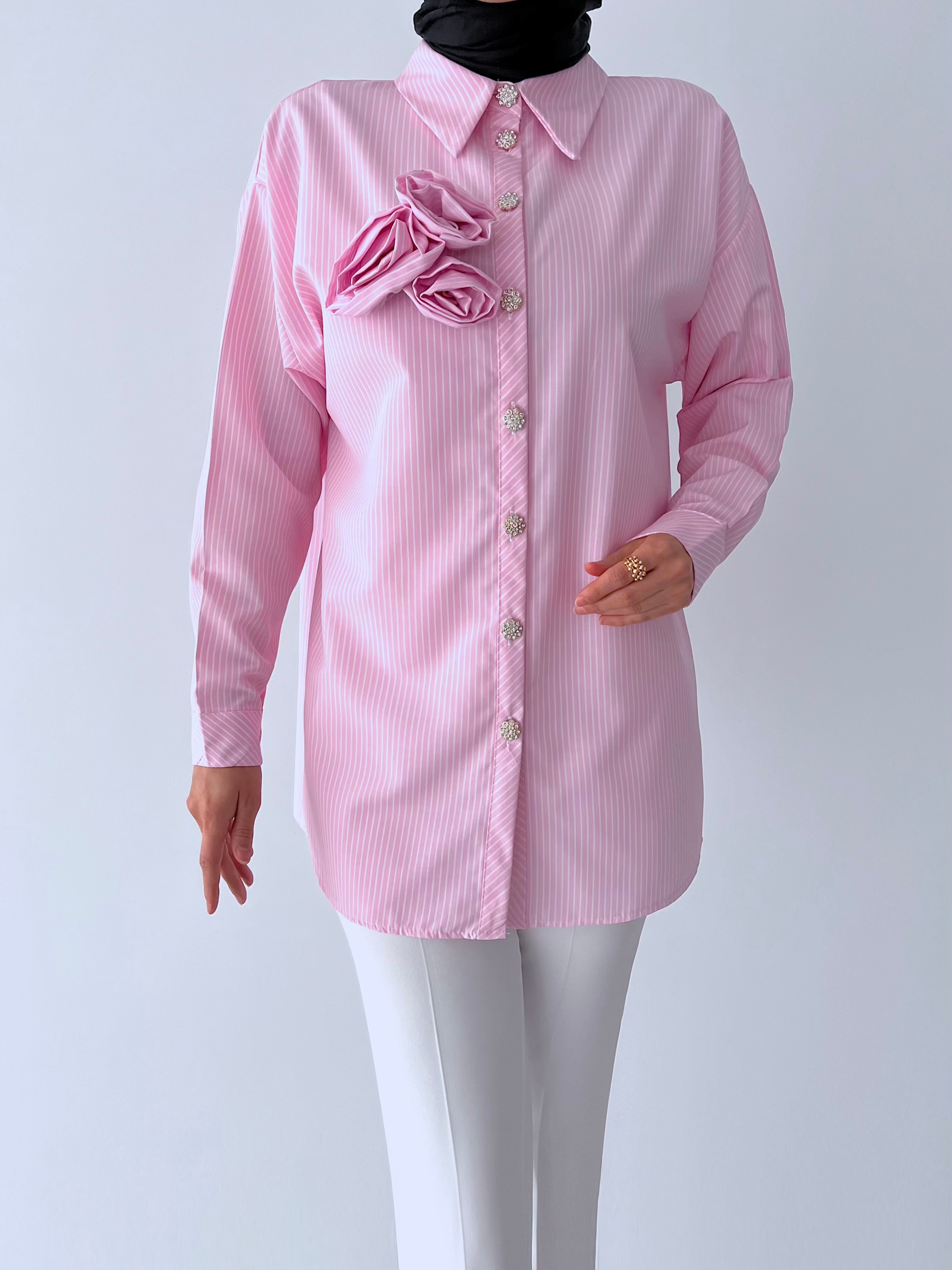 FLOWER TAŞ DÜĞMELİ ÇİÇEKLİ GÖMLEK - Pembe