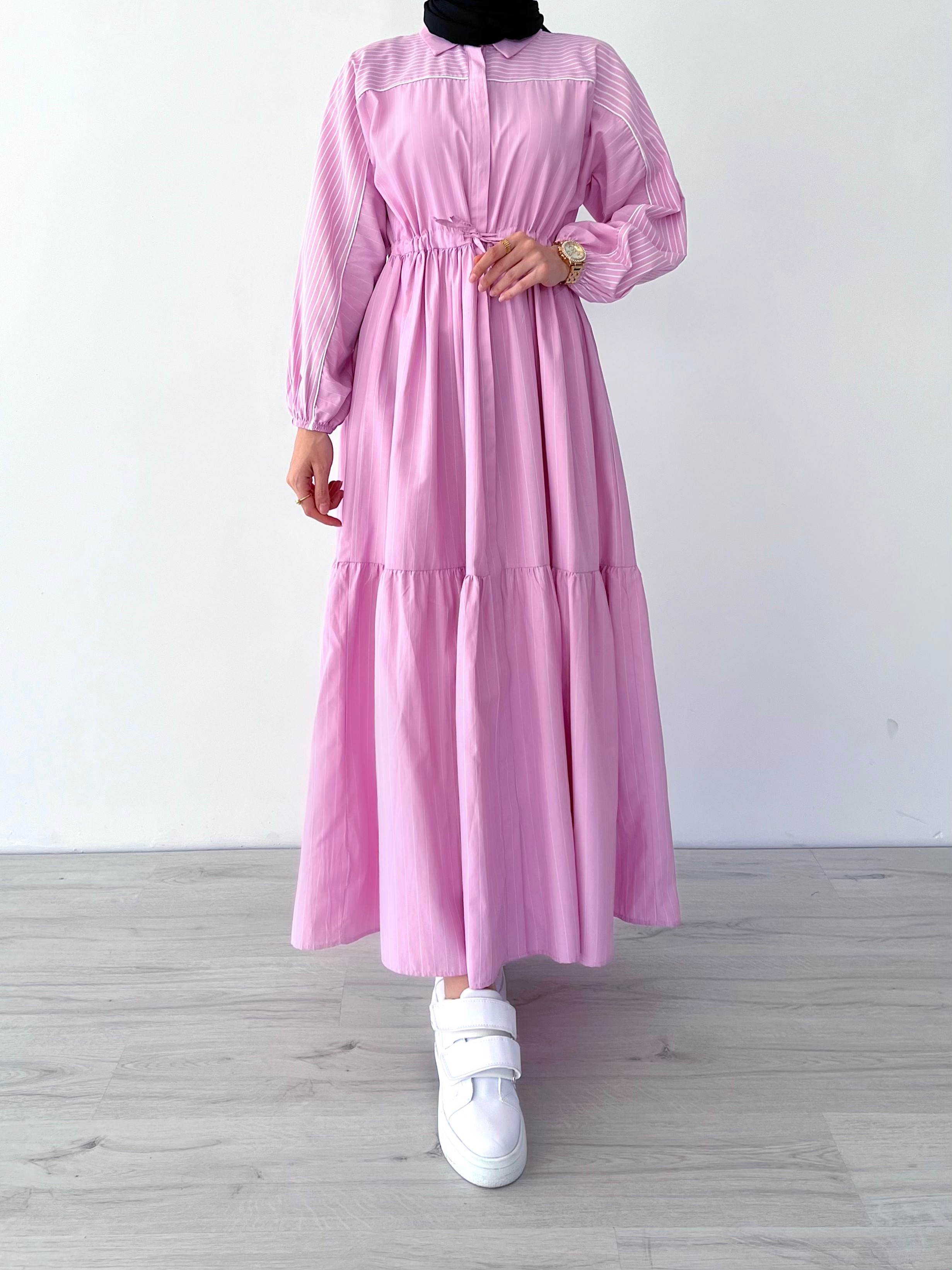 VENNA ÇİZGİ DETAYLI ELBİSE - Pembe