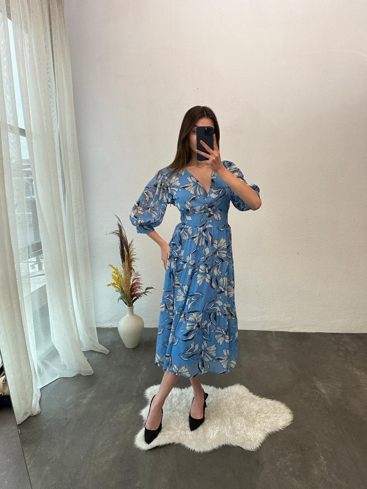 Çiçek Desen Şifon Elbise - Mavi