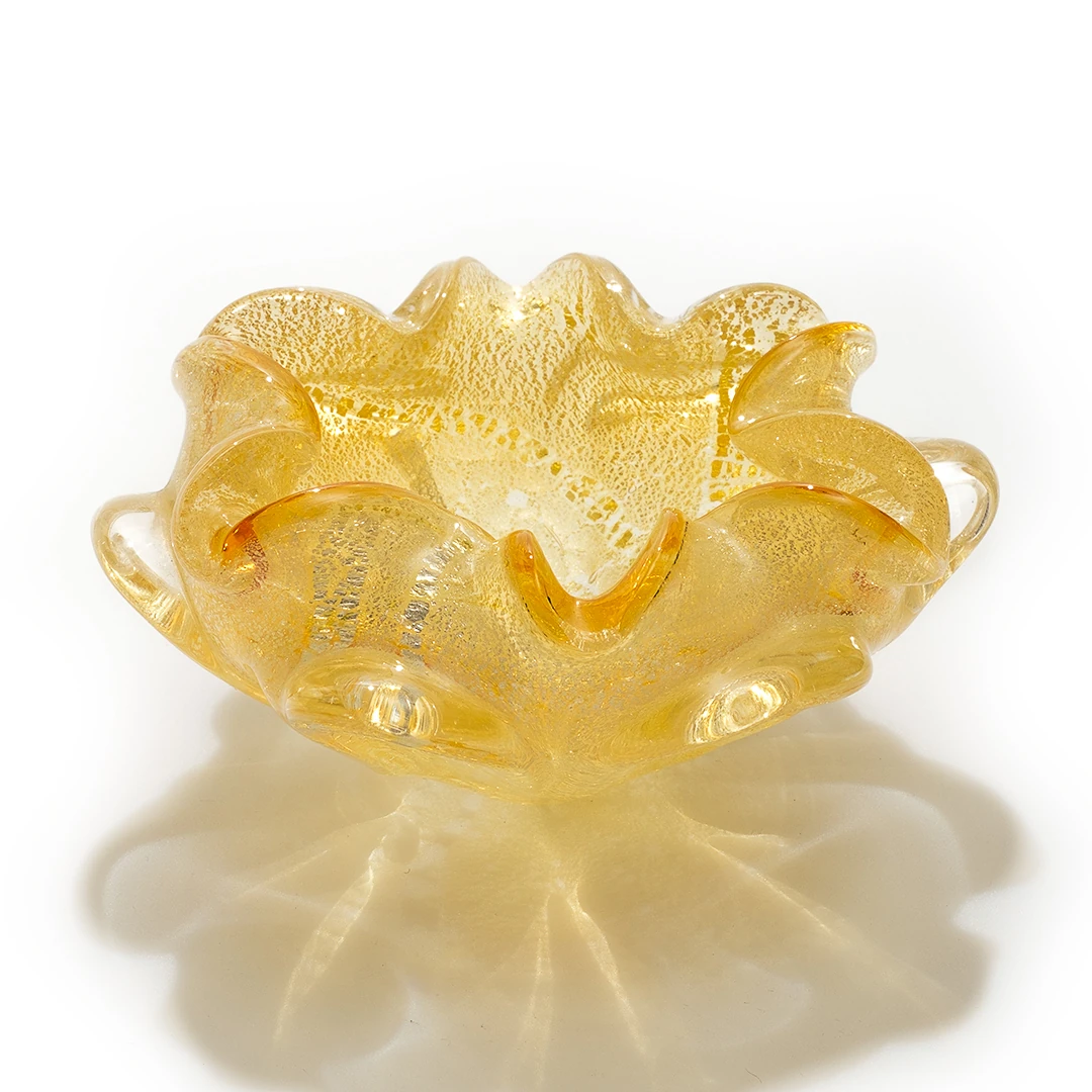 1950’ler İtalya’dan 24 Ayar Altın Varak Desenli Çiçek Formlu Vintage Murano Cam Kase