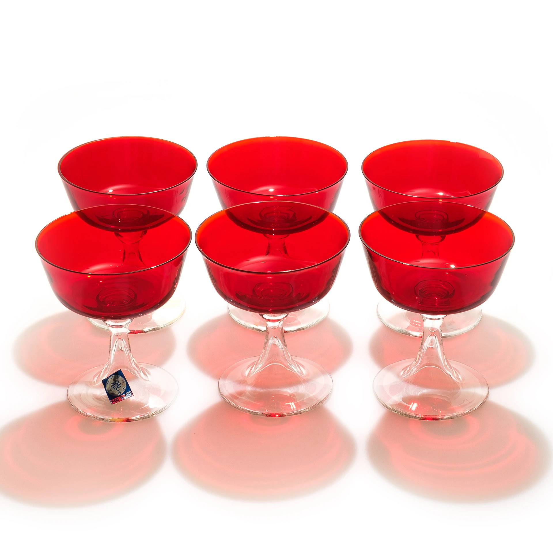 Murano Italy El Üfleme Kırmızı Cam Kase Seti (6 Adet)