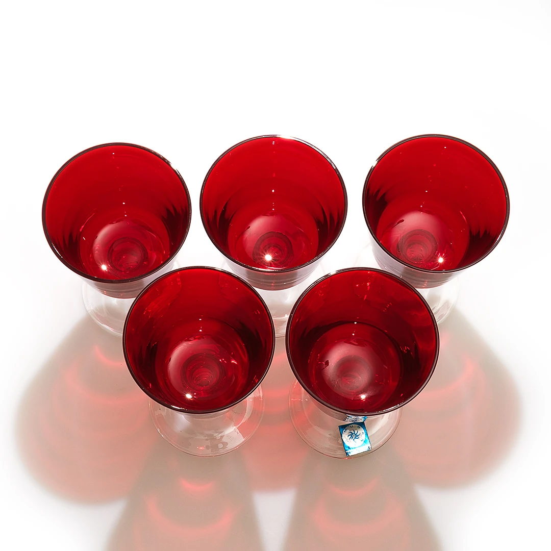 Murano Italy El Üfleme Kırmızı Cam Kadeh Seti (5 Adet)