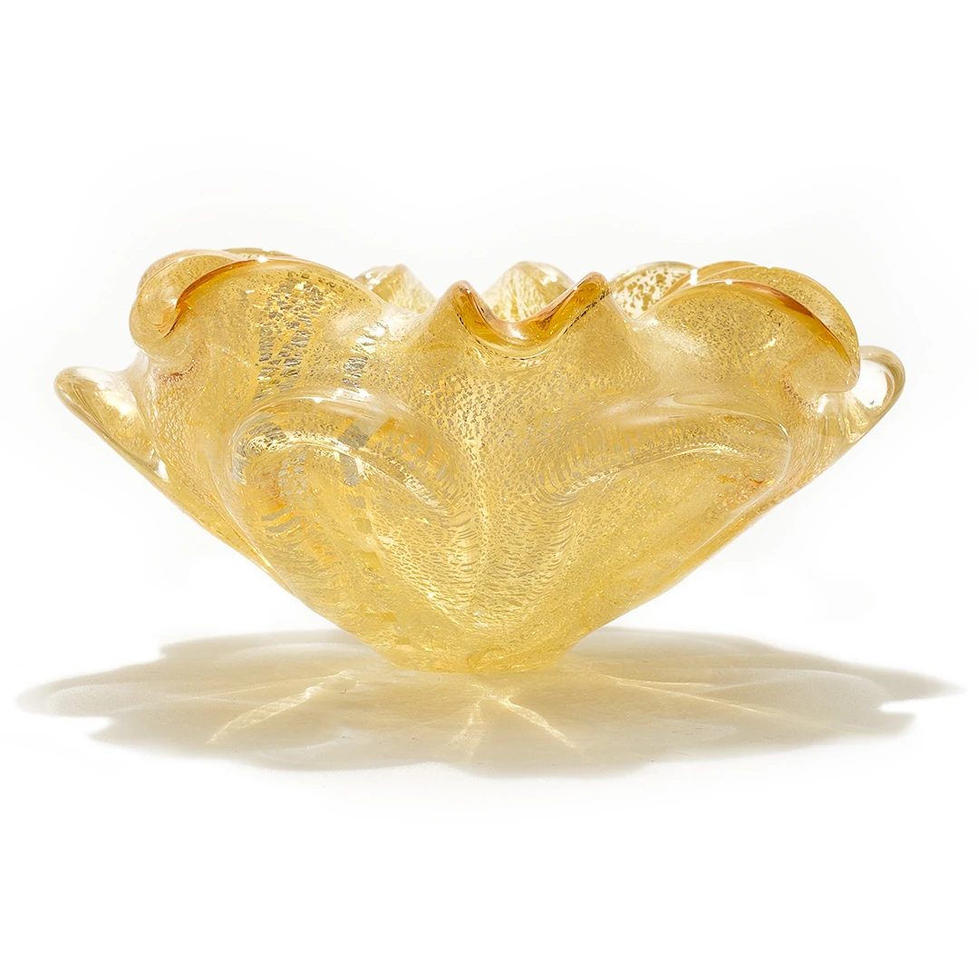 1950’ler İtalya’dan 24 Ayar Altın Varak Desenli Çiçek Formlu Vintage Murano Cam Kase