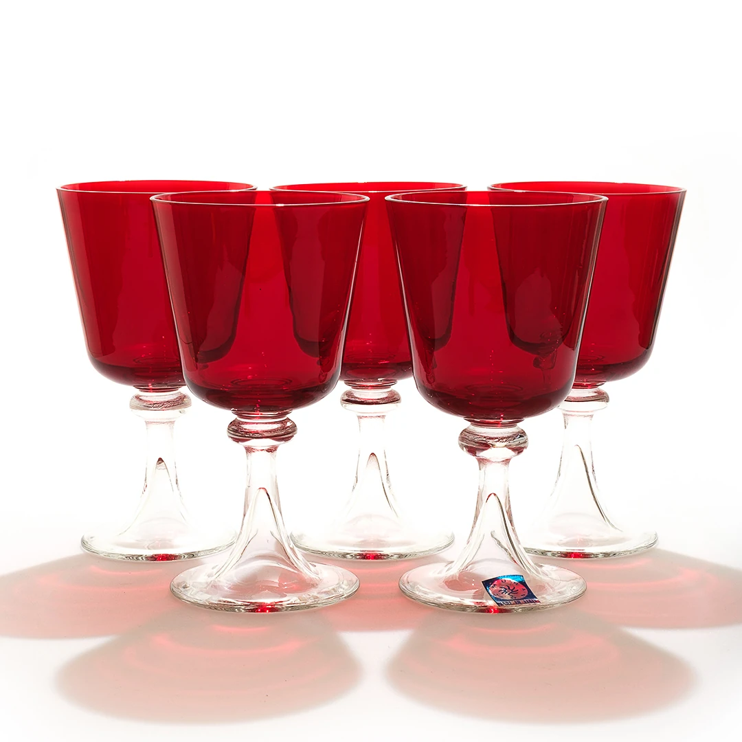 Murano Italy El Üfleme Kırmızı Cam Kadeh Seti (5 Adet)