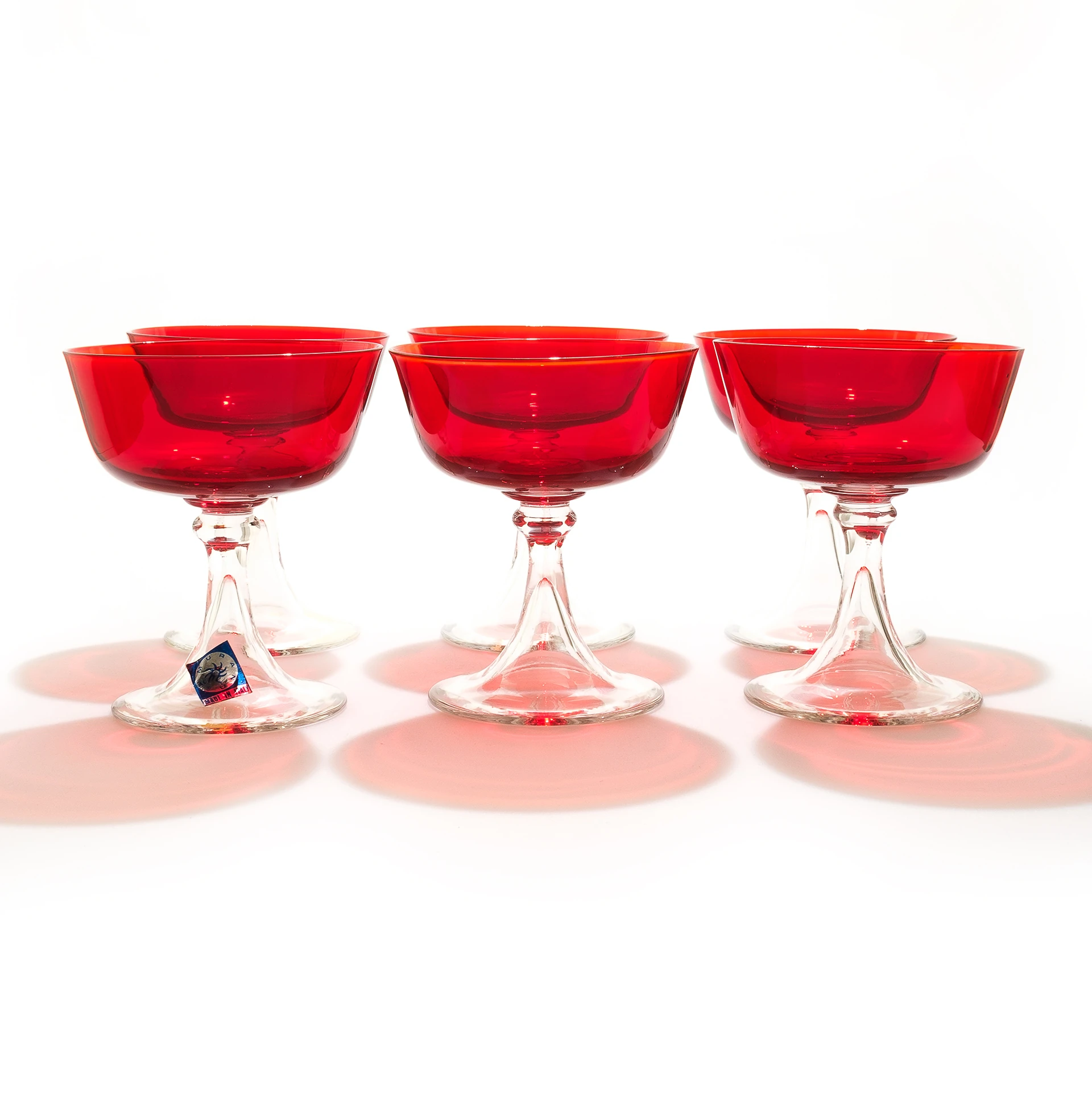 Murano Italy El Üfleme Kırmızı Cam Kase Seti (6 Adet)