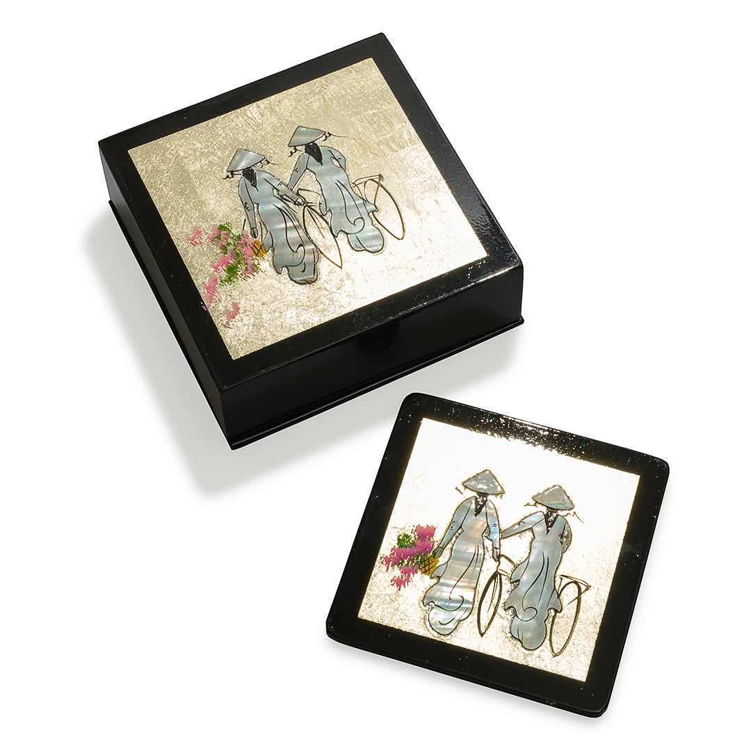 Antika Sedef İşçilikli Bardak Altlığı Seti | Uzak Doğu Ahşap Kutu 6’lı