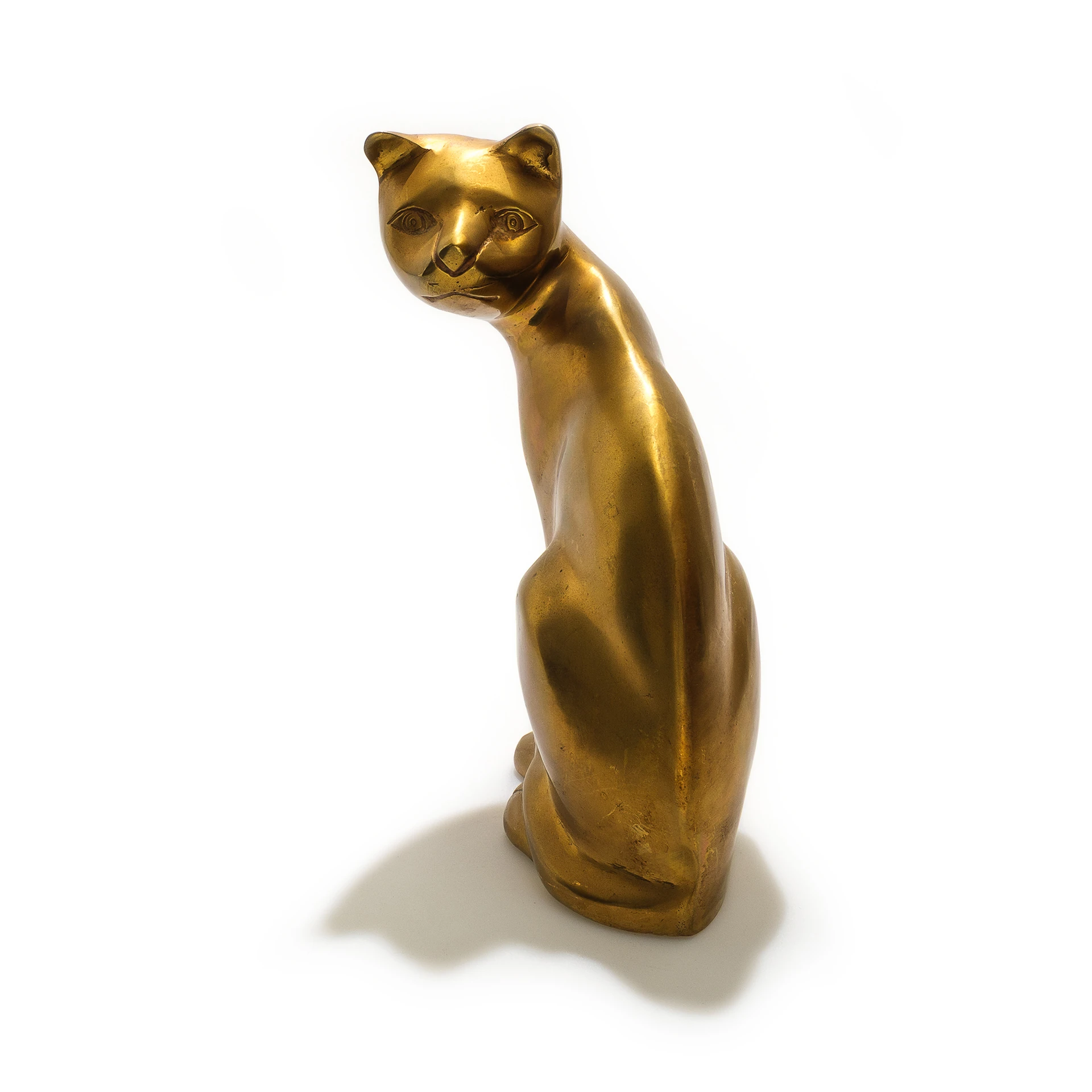 Vintage Büyük Pirinç Oturan Kedi Heykelciği