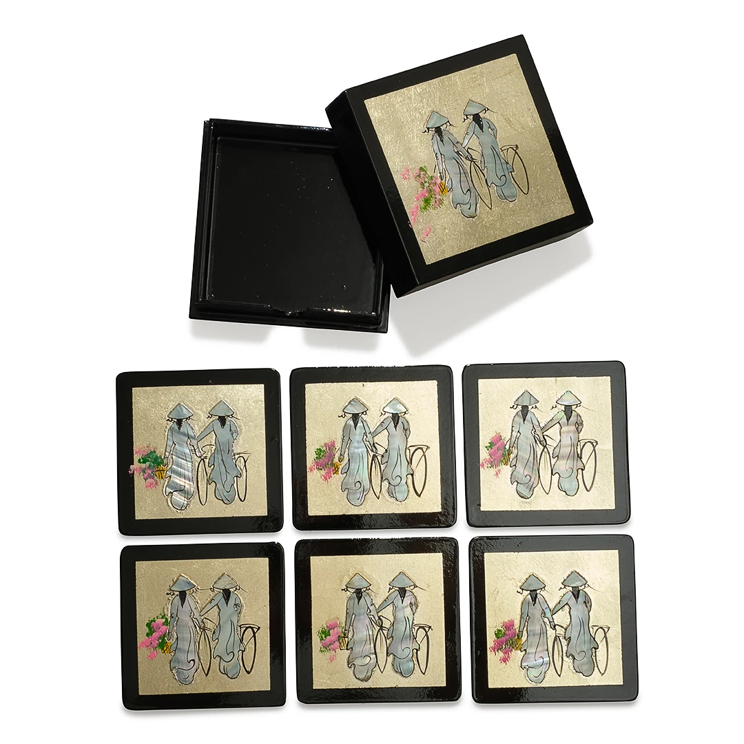 Antika Sedef İşçilikli Bardak Altlığı Seti | Uzak Doğu Ahşap Kutu 6’lı