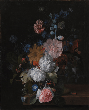 Taş Levha Üzerinde Çiçekli Natürmort (Tarih: 1722-1739 arası, Boyut:56,7 x 47,5 cm, Yer: National Gallery of Denmark)