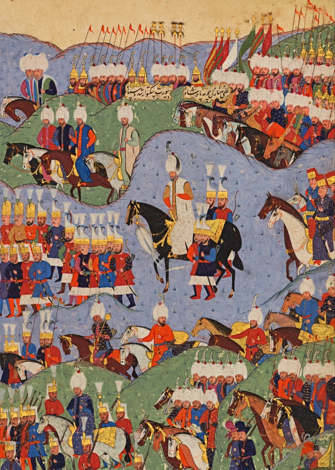 Kanuni Sultan Süleyman'ı, orduları ile birlikte son seferi olan Zigetvar'a gidişini gösteren minyatür (Seyyid Lokman, Zafername, 1578).